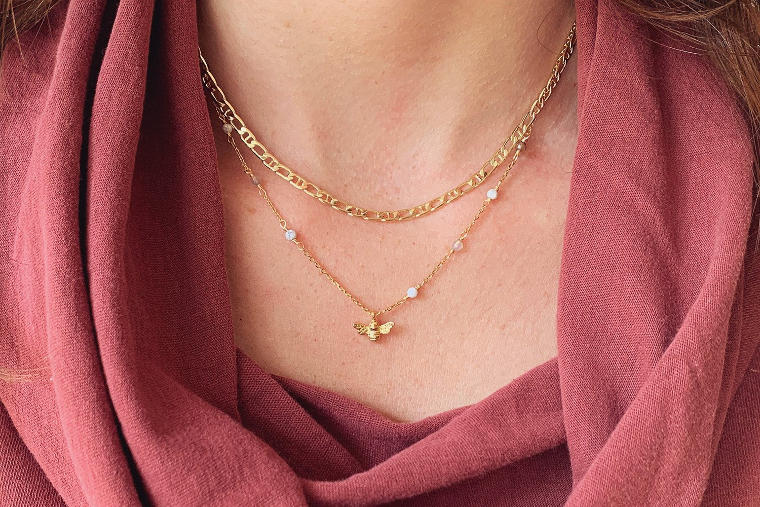 Colletes Gold 2 Layered Gemstone Necklace Set - Boho Betty