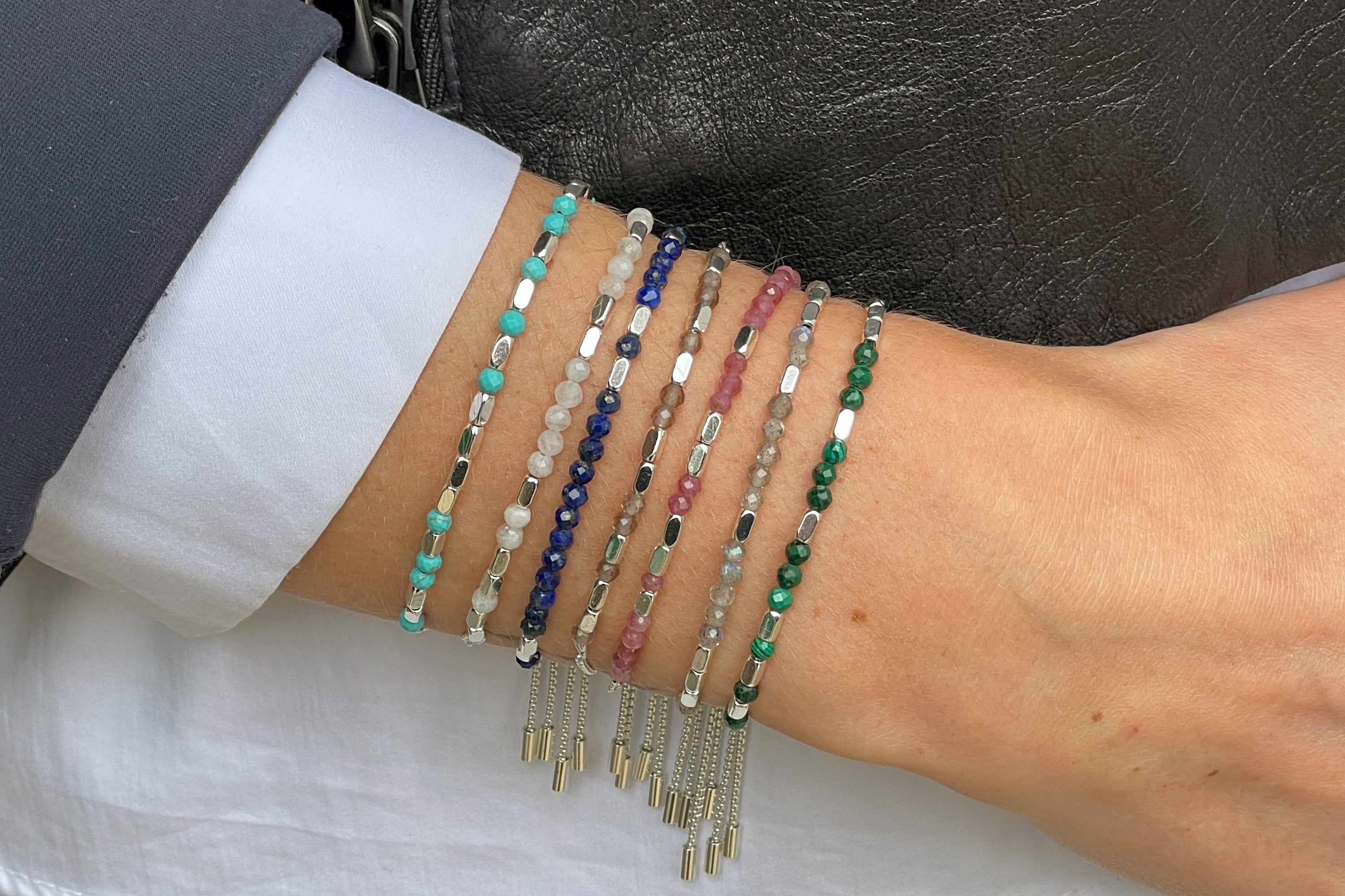 Morse Code Calming Gemstone Silver Bracelet - Boho Betty