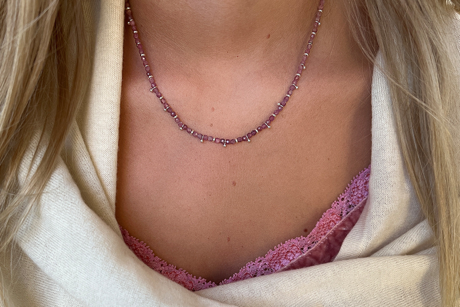 Salus Pink Tourmaline Gemstone Silver Necklace - Boho Betty
