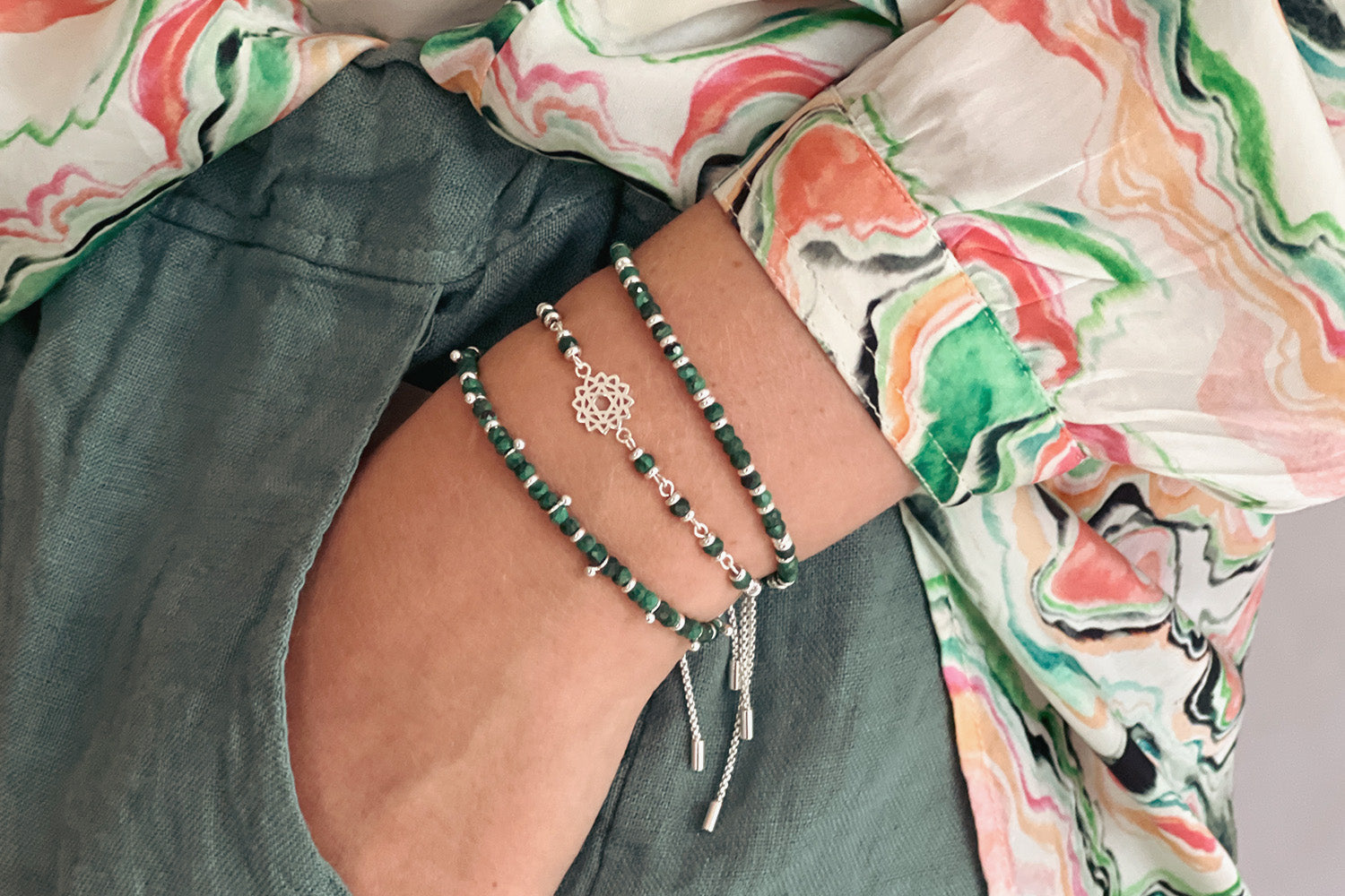 Heart Chakra Gemstone Silver Bracelet - Boho Betty