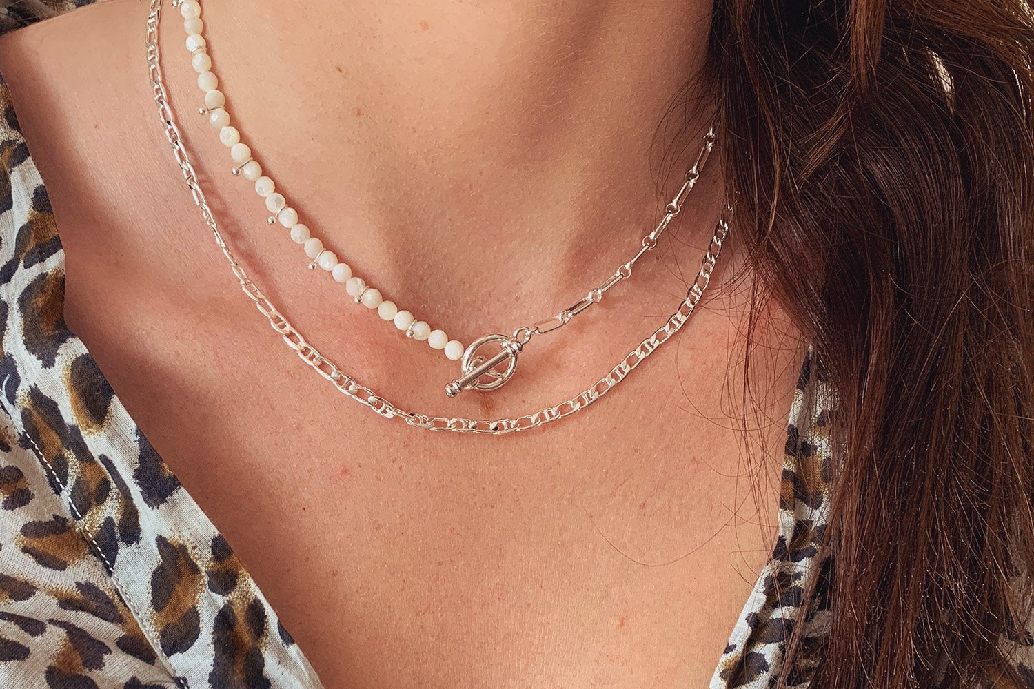 Ginan Pearl Silver 2 Layered T-Bar Necklace Set - Boho Betty
