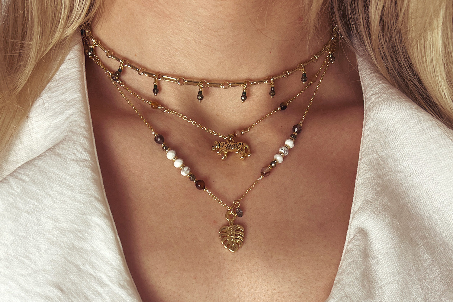 Monstera Leaf Pendant Gemstone Necklace - Boho Betty