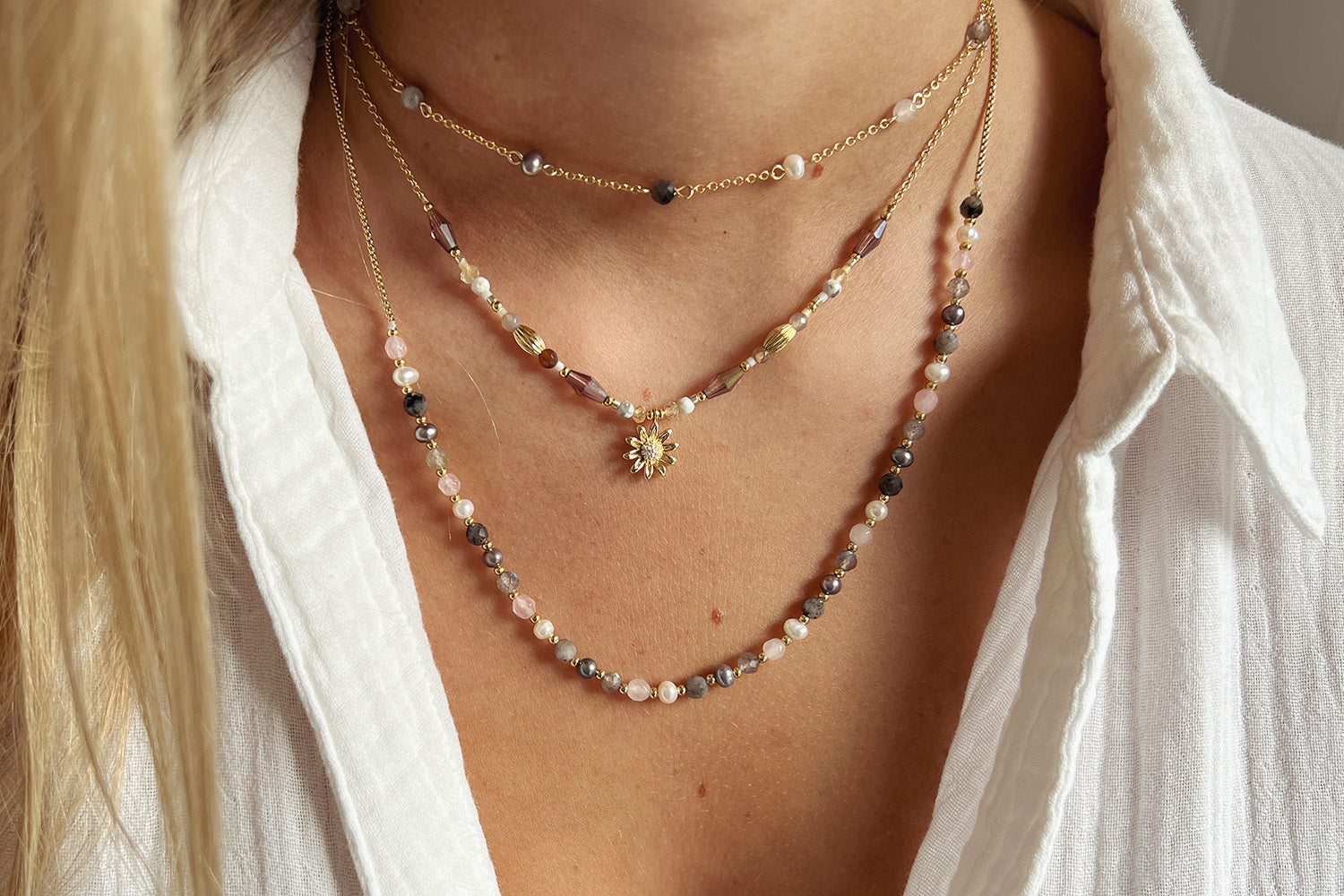 Sirona Pearl Gemstone Medium Necklace - Boho Betty