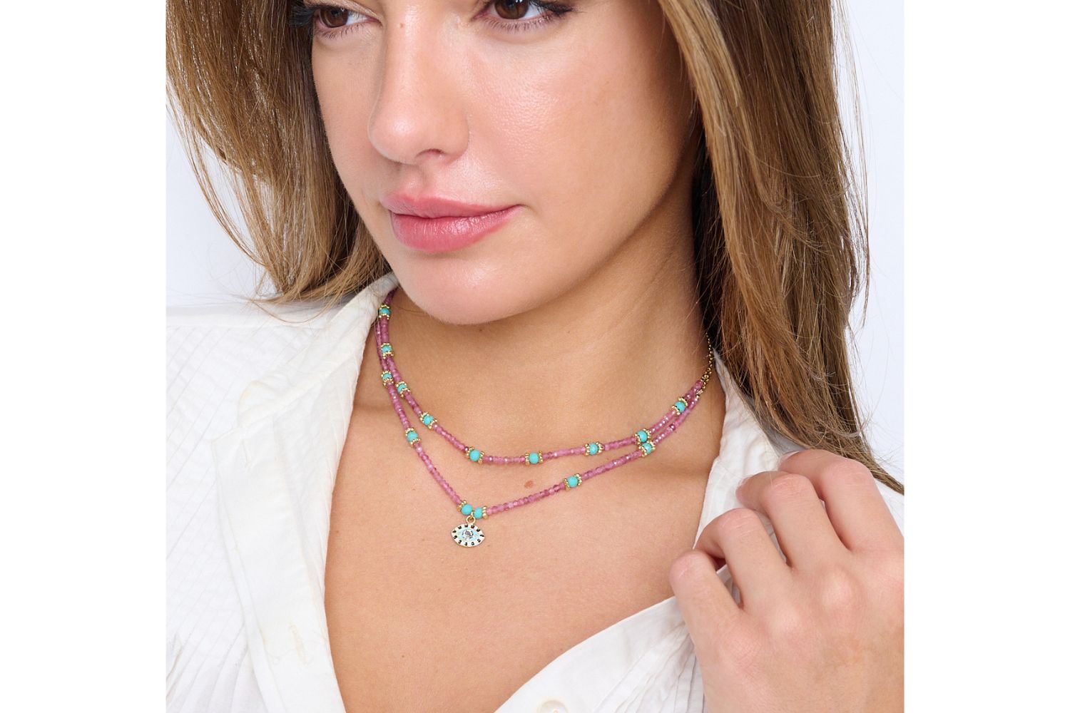 Malocchio Pink Tourmaline Evil Eye Necklace Boho Betty