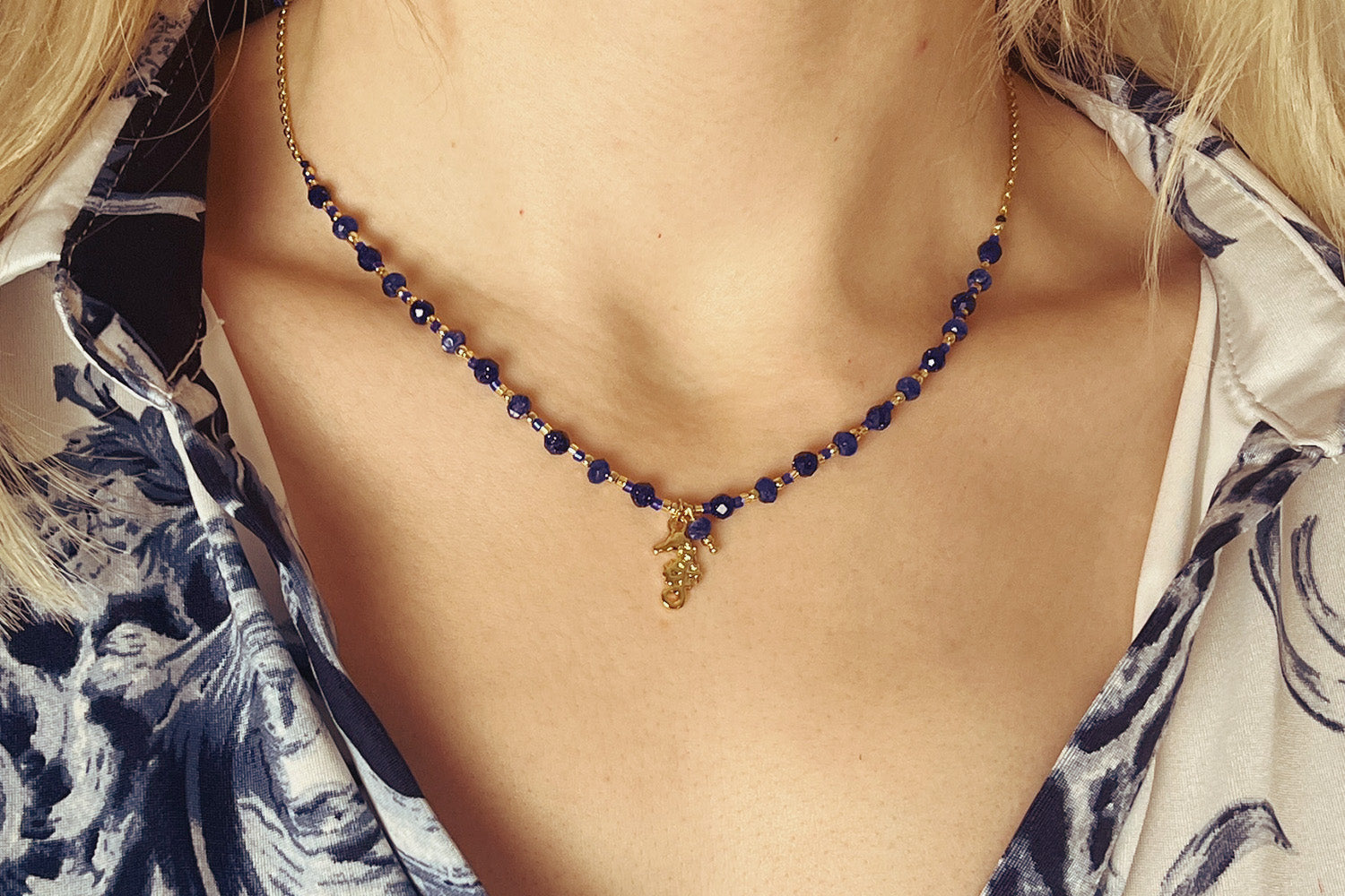 Tara Seahorse Lapis Lazuli Gold Necklace - Boho Betty