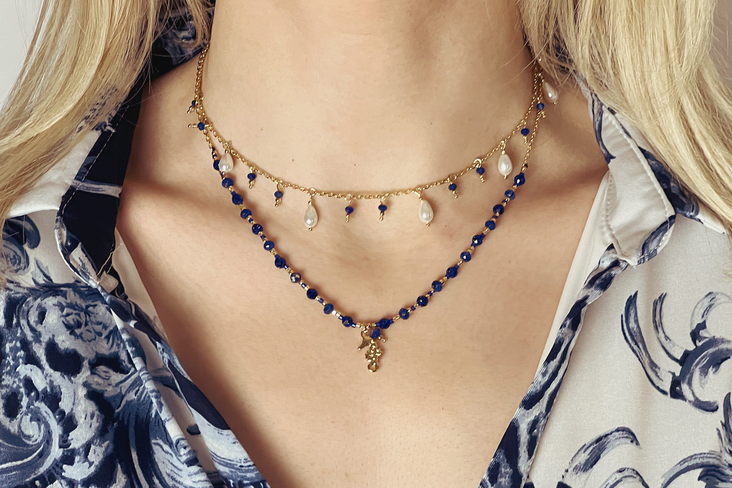 Tara Seahorse Lapis Lazuli Gold Necklace - Boho Betty