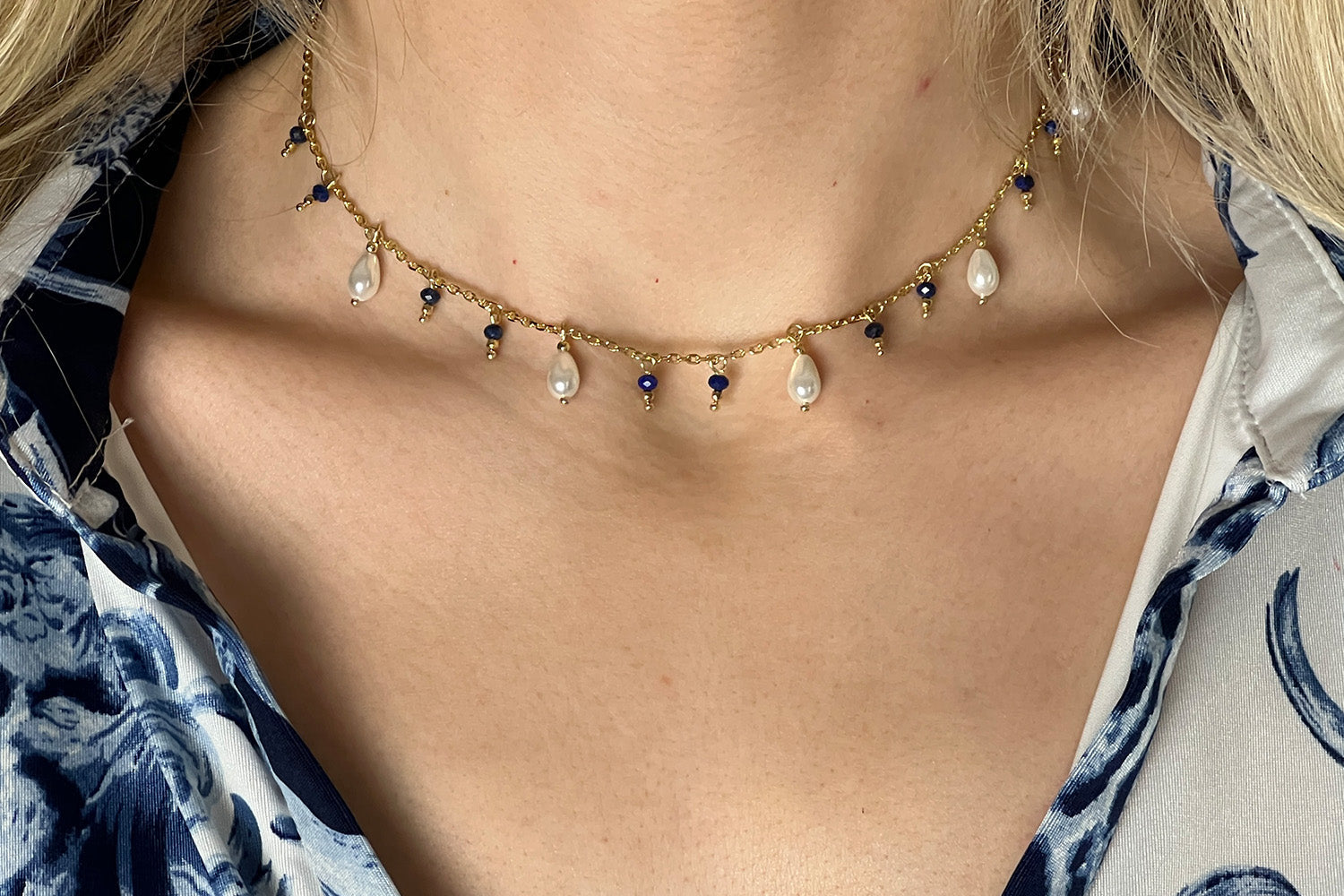 Thaumas Pearl & Lapis Charm Necklace - Boho Betty