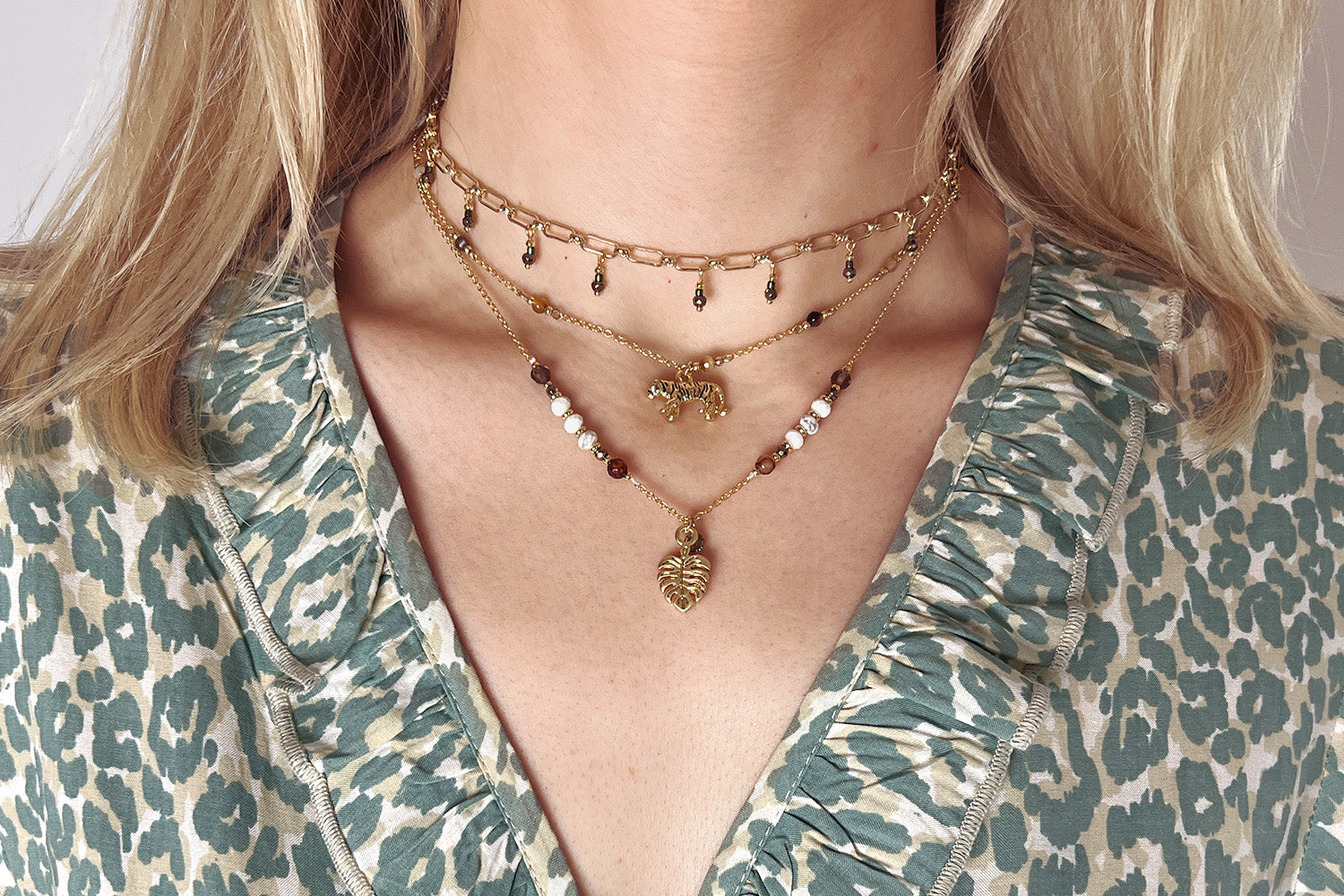 Monstera Leaf Pendant Gemstone Necklace - Boho Betty