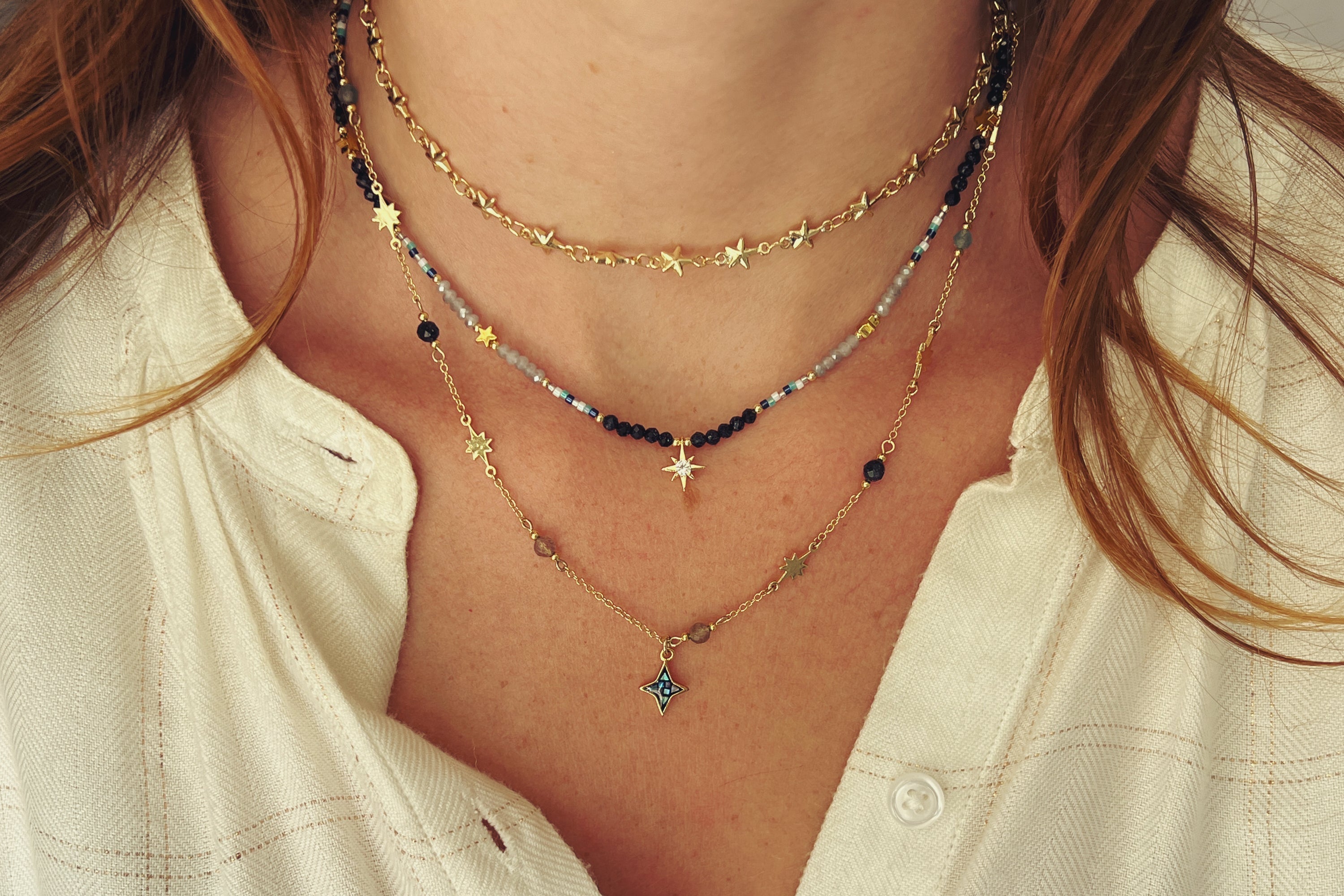 Aditi Black Gold Beaded Star Necklace - Boho Betty