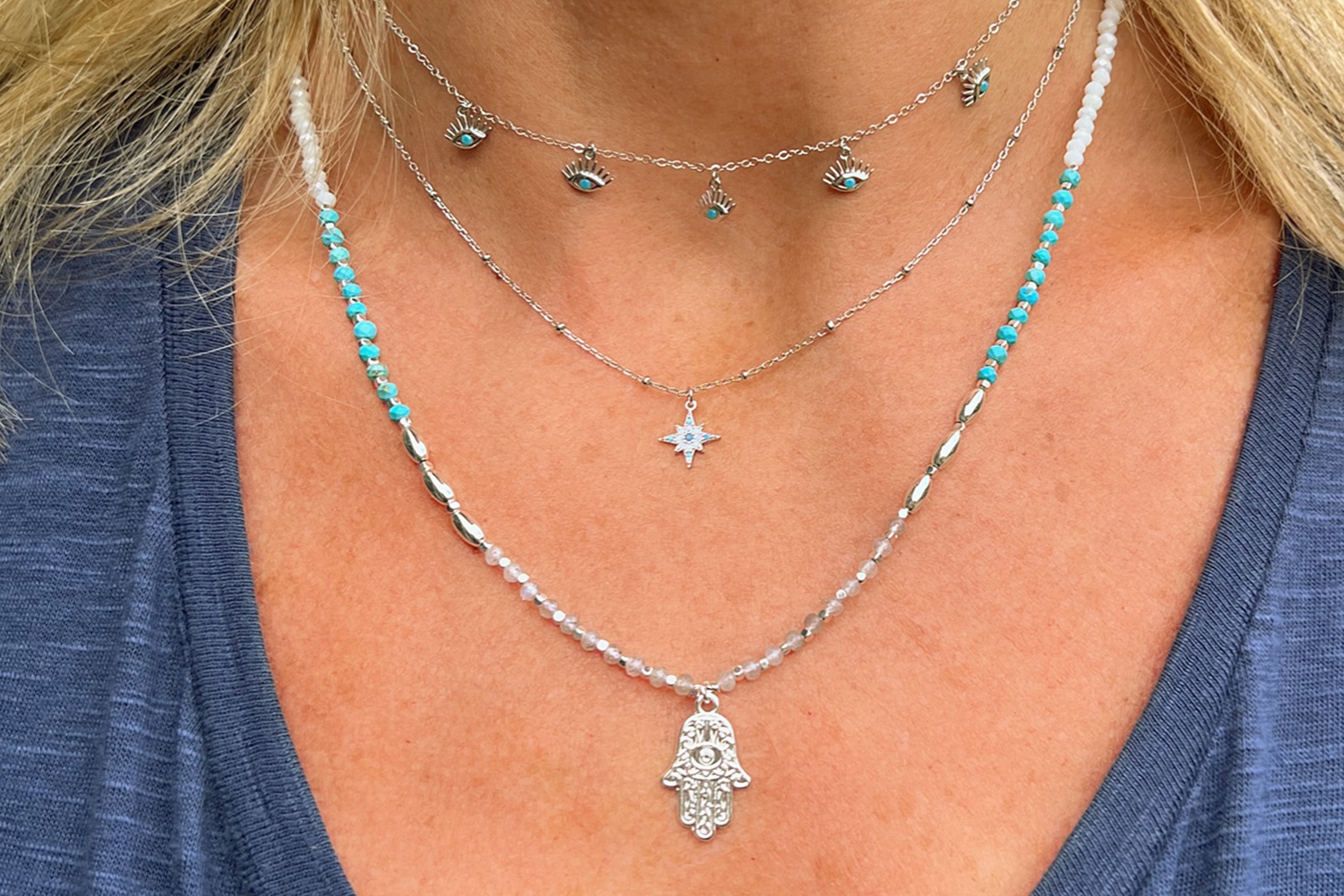 Burgundy Aqua Ombre CZ Silver Star Necklace - Boho Betty