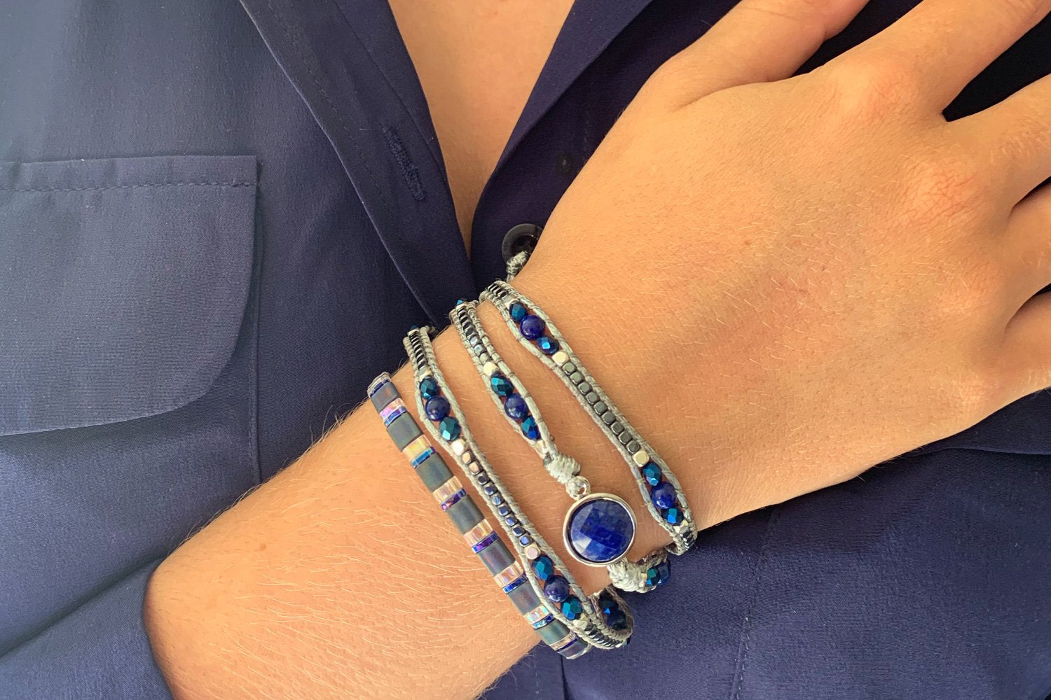 America Blue Lapis Lazuli & Semi Precious Stone Wrap Bracelet - Boho Betty USA