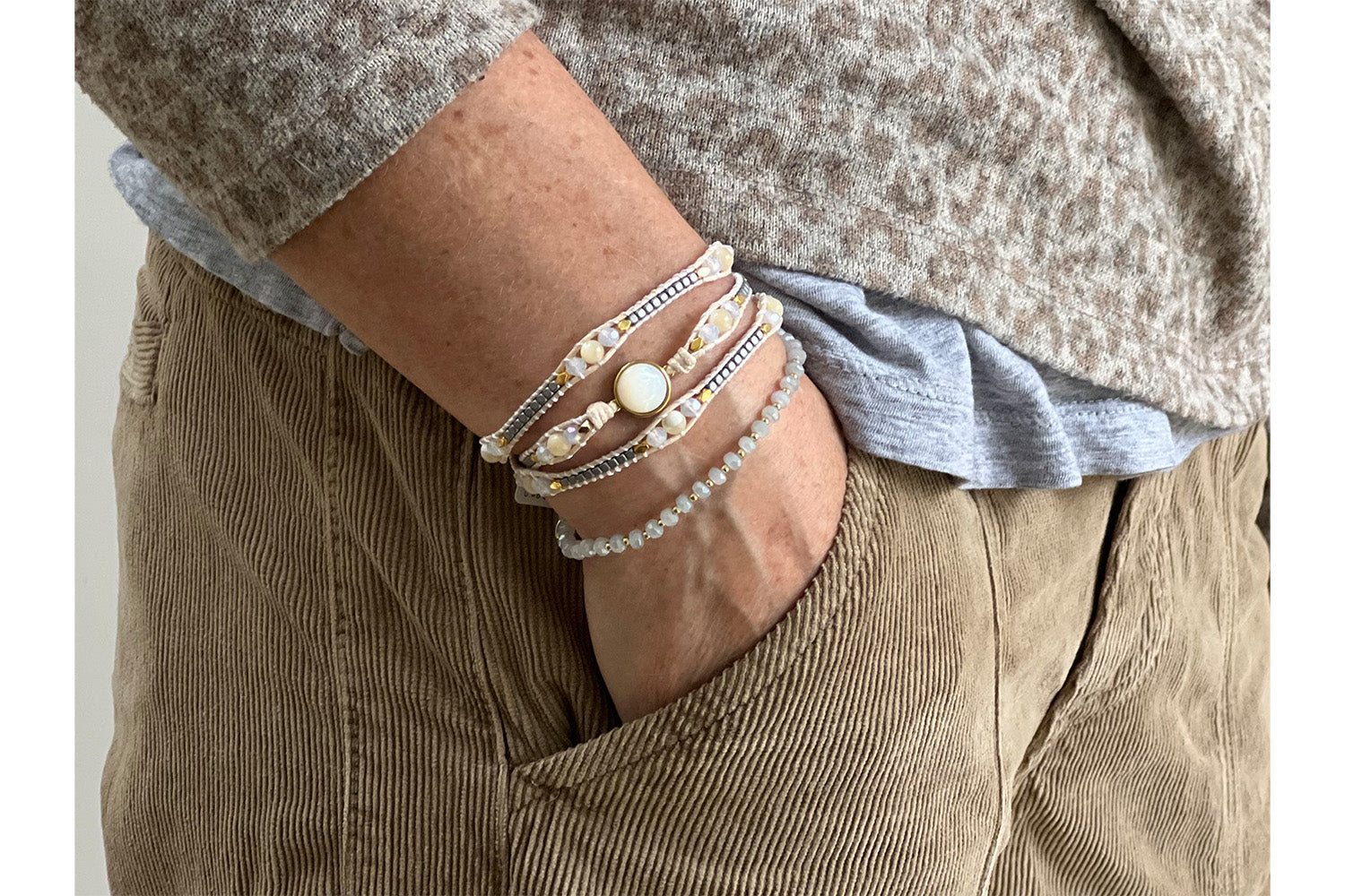 Singapore Pearl & Gold 2 Layered Bracelet Stack - Boho Betty