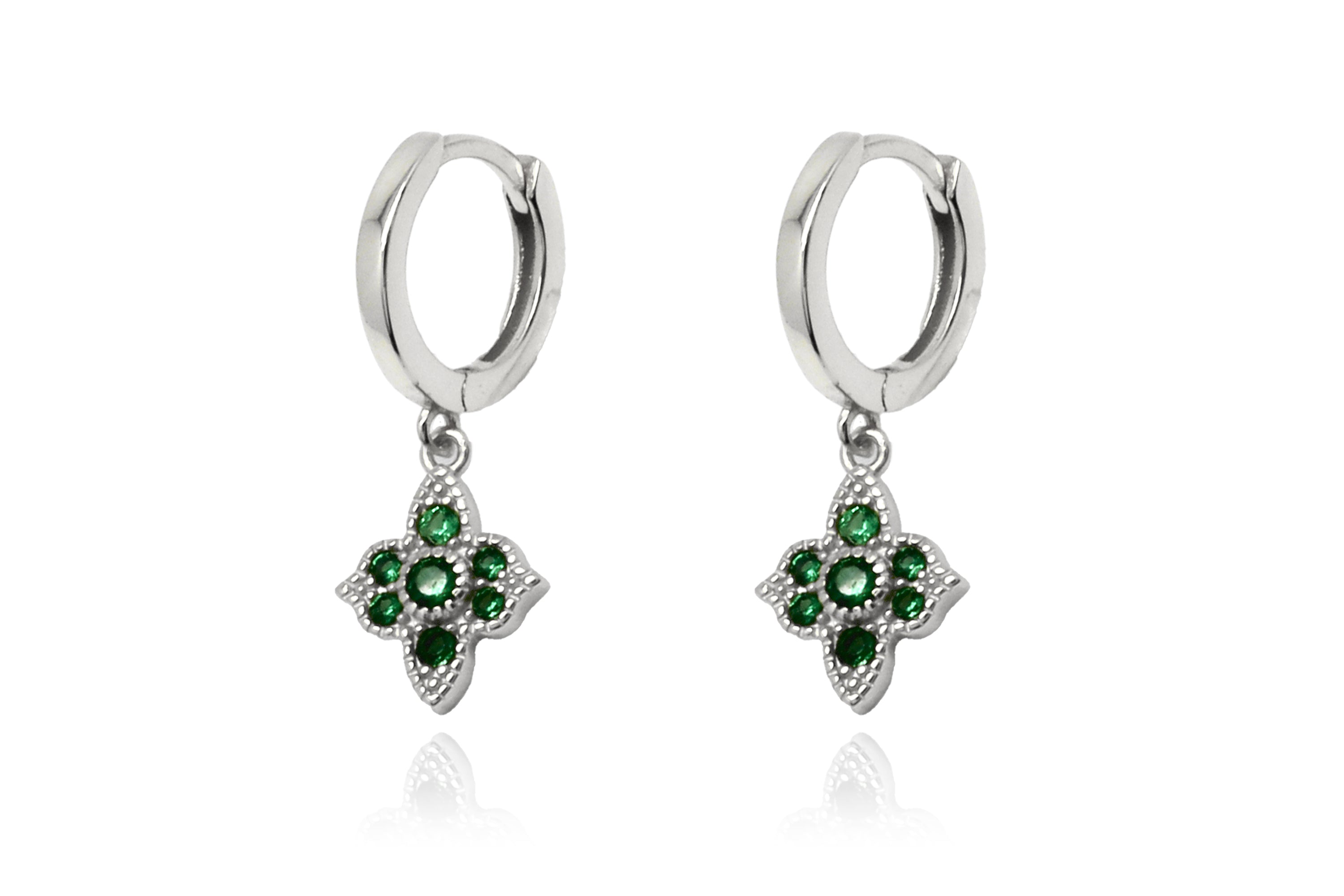 Theron Emerald CZ Silver Hoop Earrings - Boho Betty