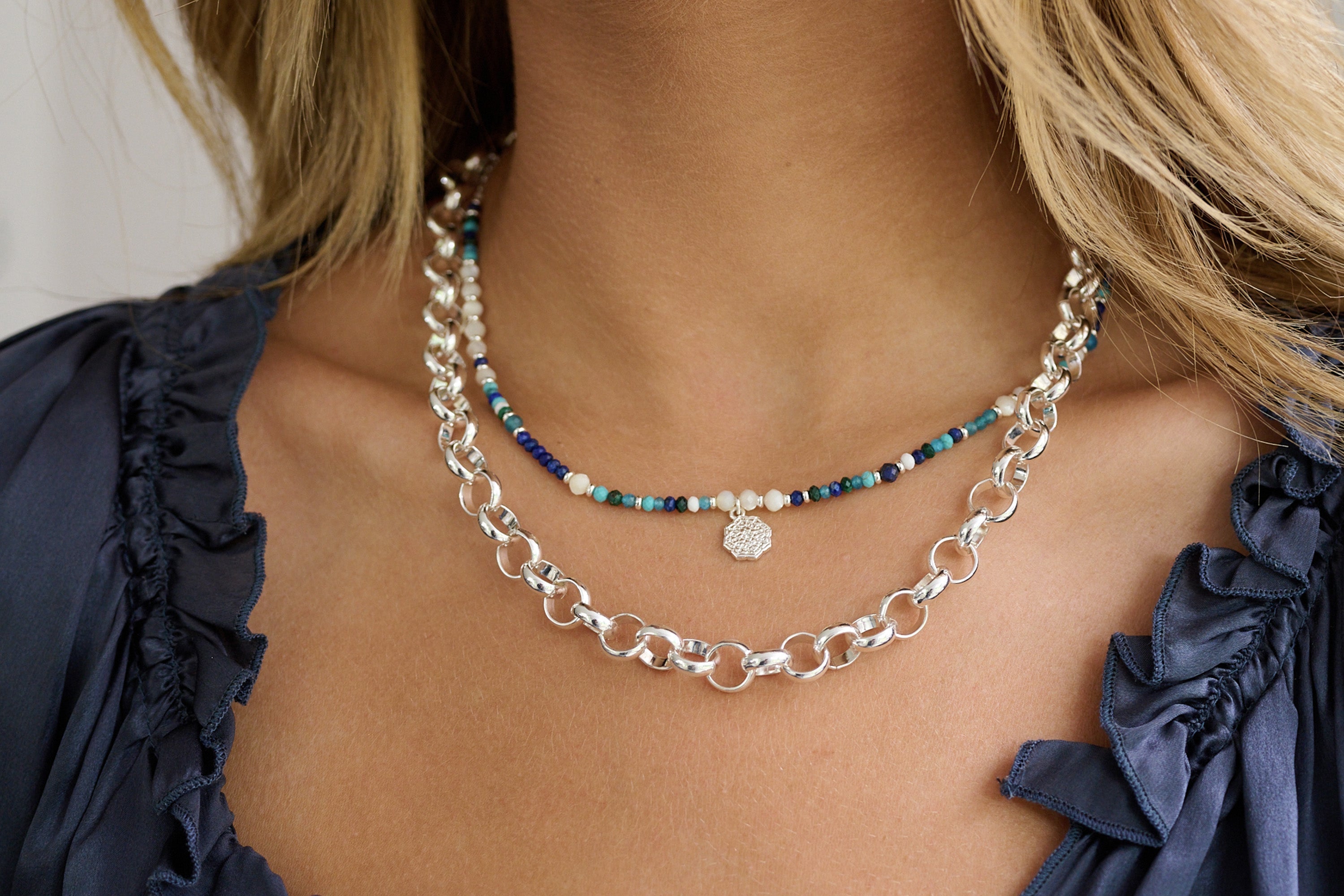 Anansa Turquoise and Lapis Silver Gemstone Necklace - Boho Betty