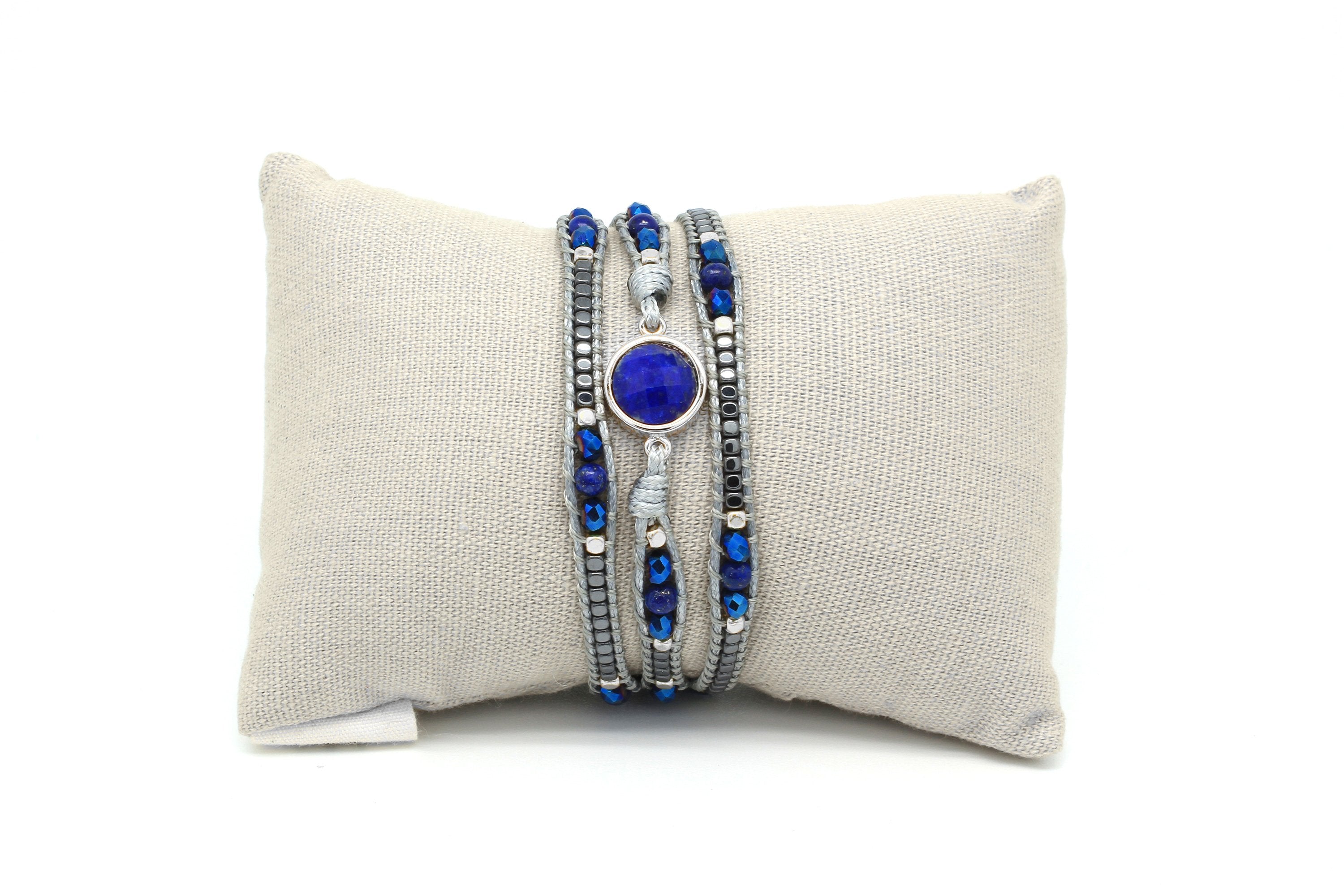 America Blue Lapis Lazuli & Semi Precious Stone Wrap Bracelet - Boho Betty USA