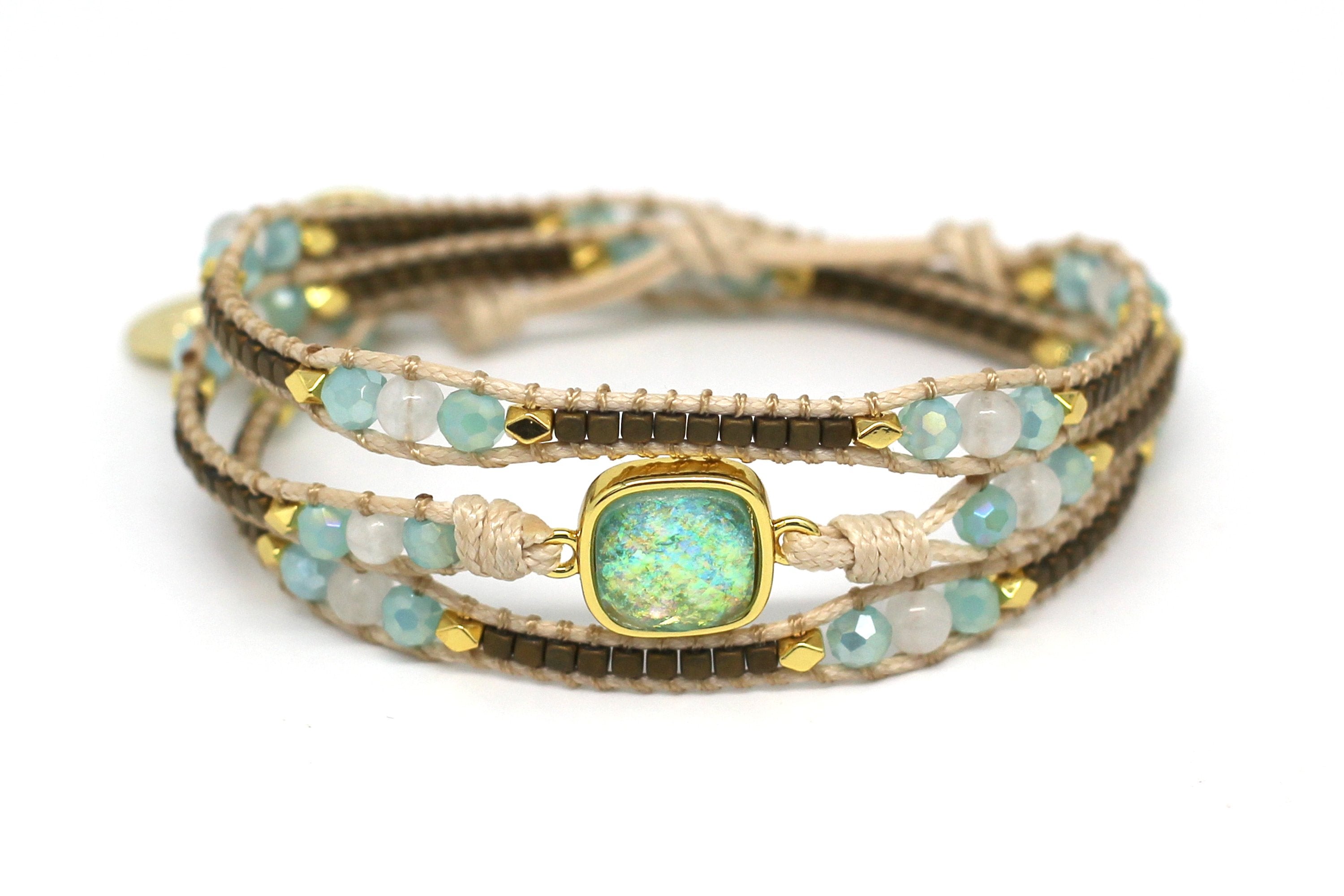 America Aqua Gemstone Leather 3 Wrap Bracelet - Boho Betty