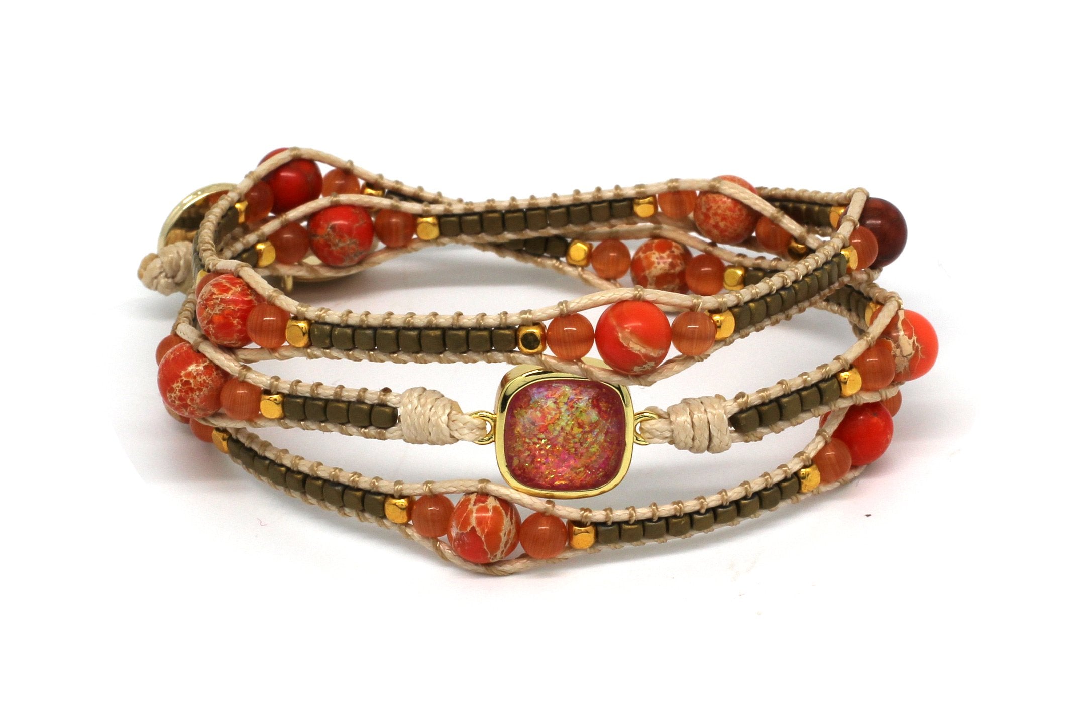 America Orange Gemstone 3 Wrap Bracelet - Boho Betty