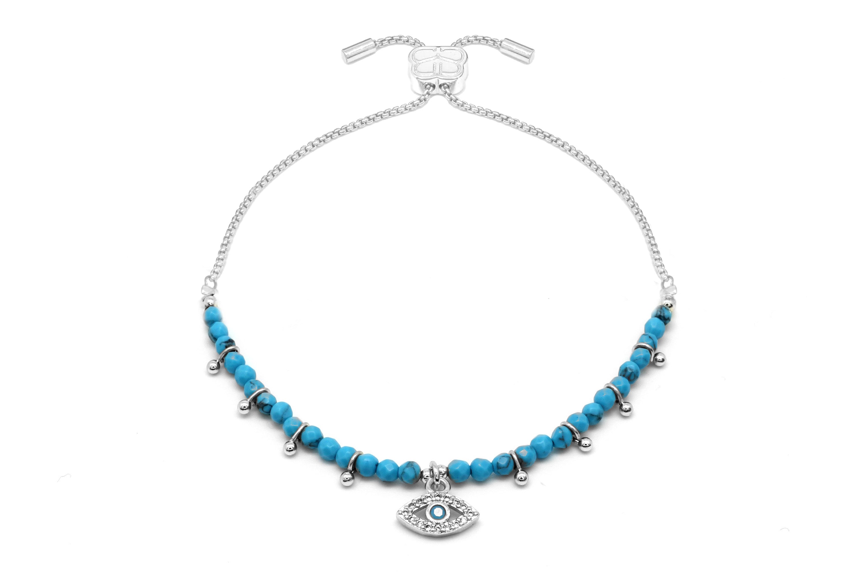 Brela Blue Evil Eye Silver Charm Bracelet - Boho Betty