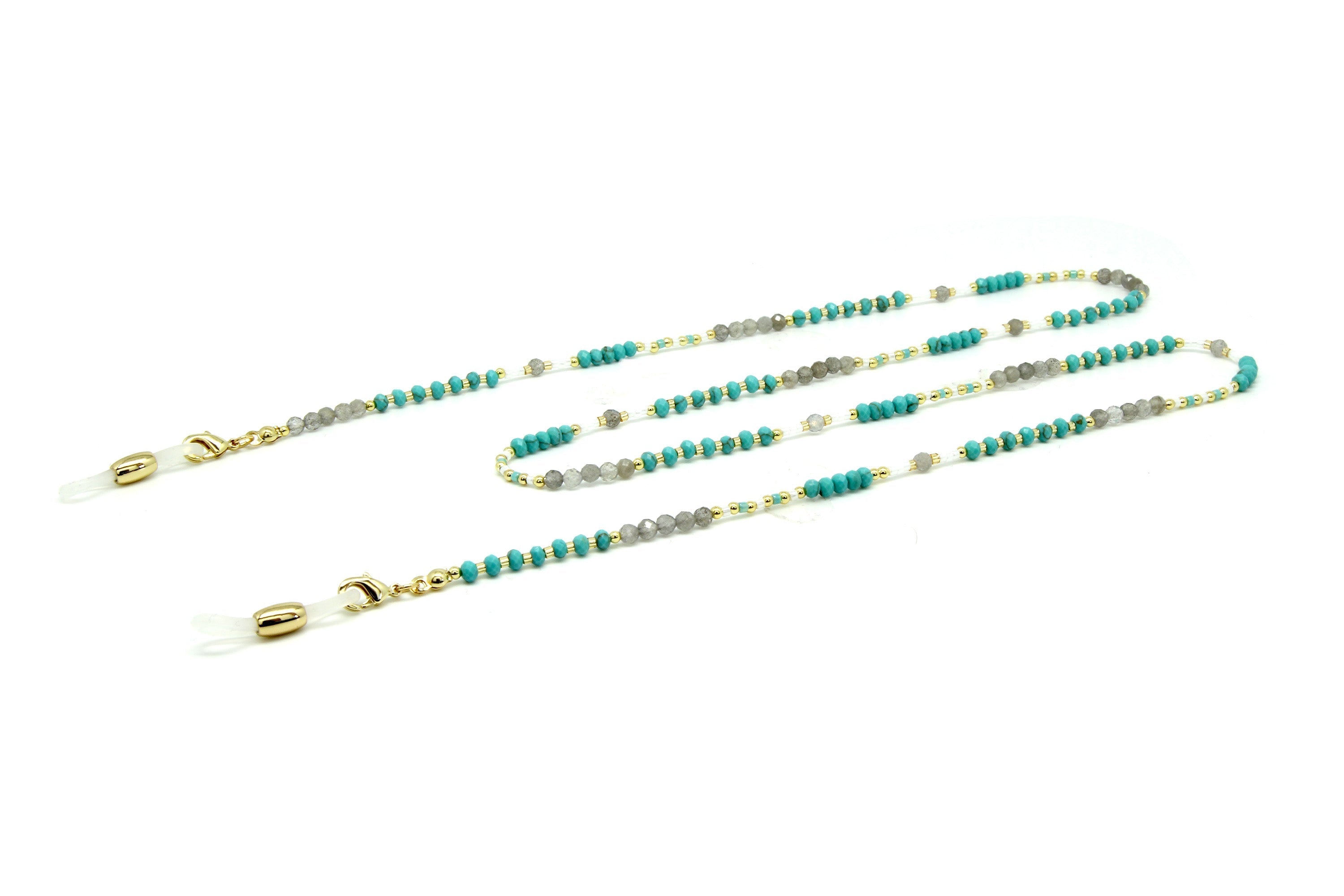 Turquoise and Labradorite Gold Necklace/sunglass holder - Boho Betty