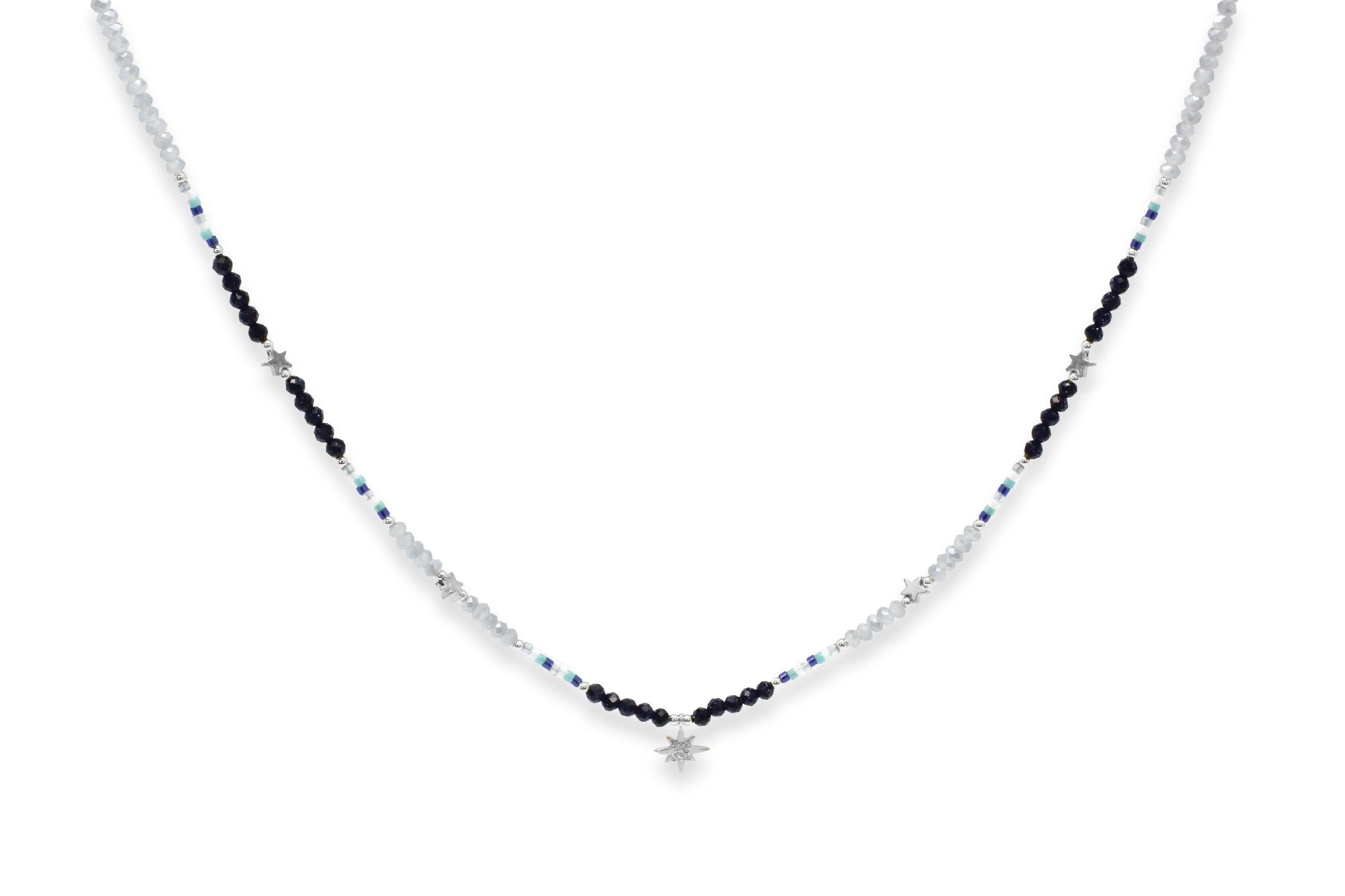 Aditi Black Silver Beaded Star Necklace - Boho Betty