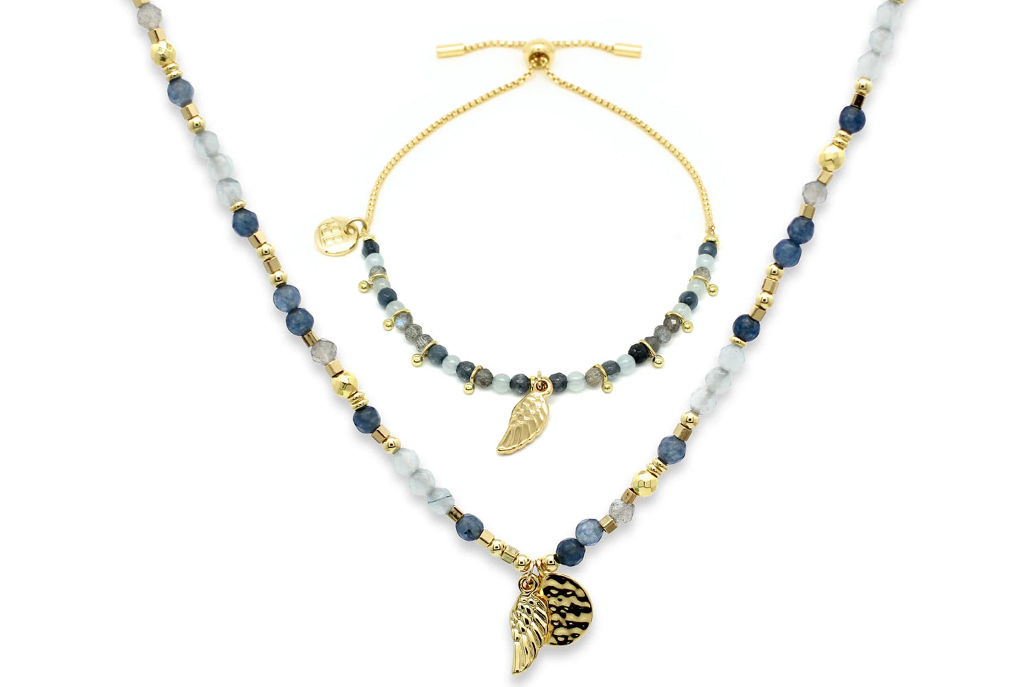Denim Wing Beaded Necklace and Bracelet Set - Boho Betty