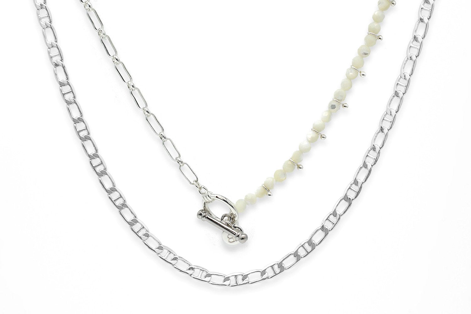 Ginan Pearl Silver 2 Layered T-Bar Necklace Set - Boho Betty