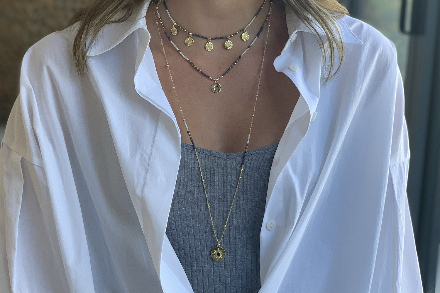 Hebe Navy & Gold Long Beaded Necklace - Boho Betty