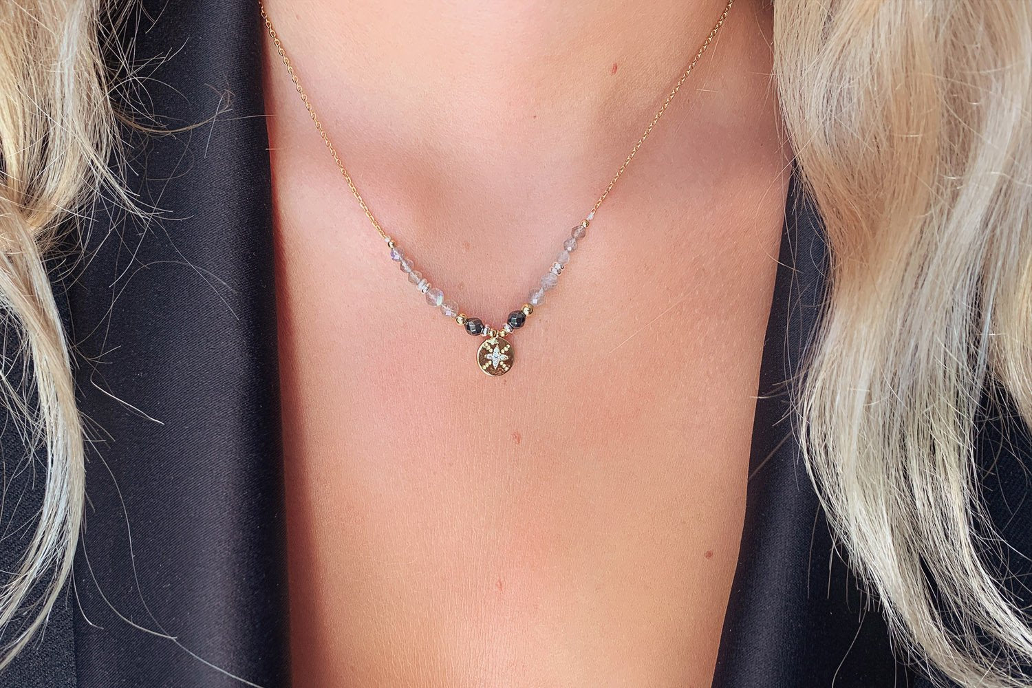 Tala Charm Grey Gemstone Beaded Necklace - Boho Betty