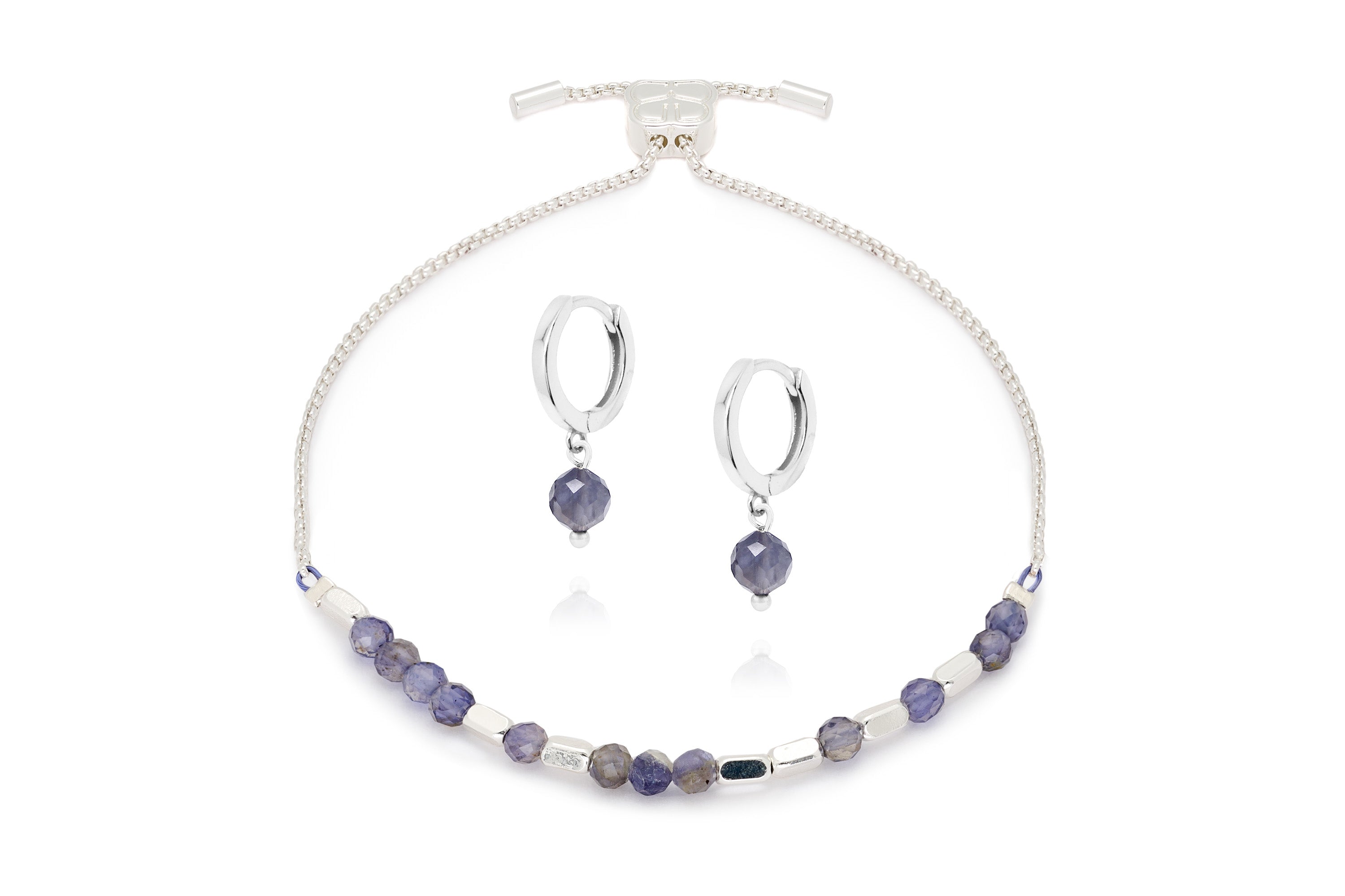 Morse Code Gemstone Silver Bracelet & Earring Set#color_Iolite
