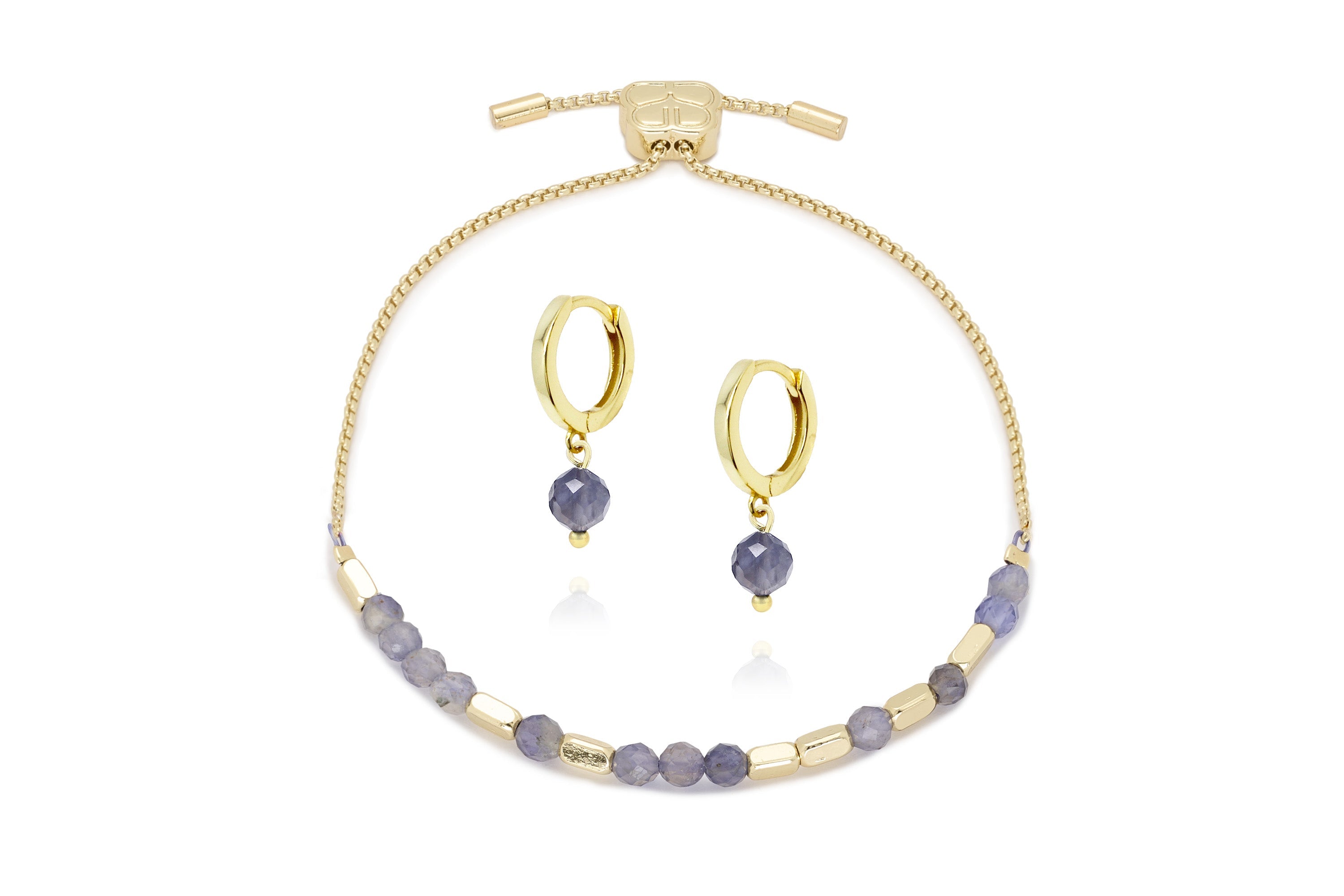 Morse Code Gemstone Gold Bracelet & Earring Gift Set#color_iolite