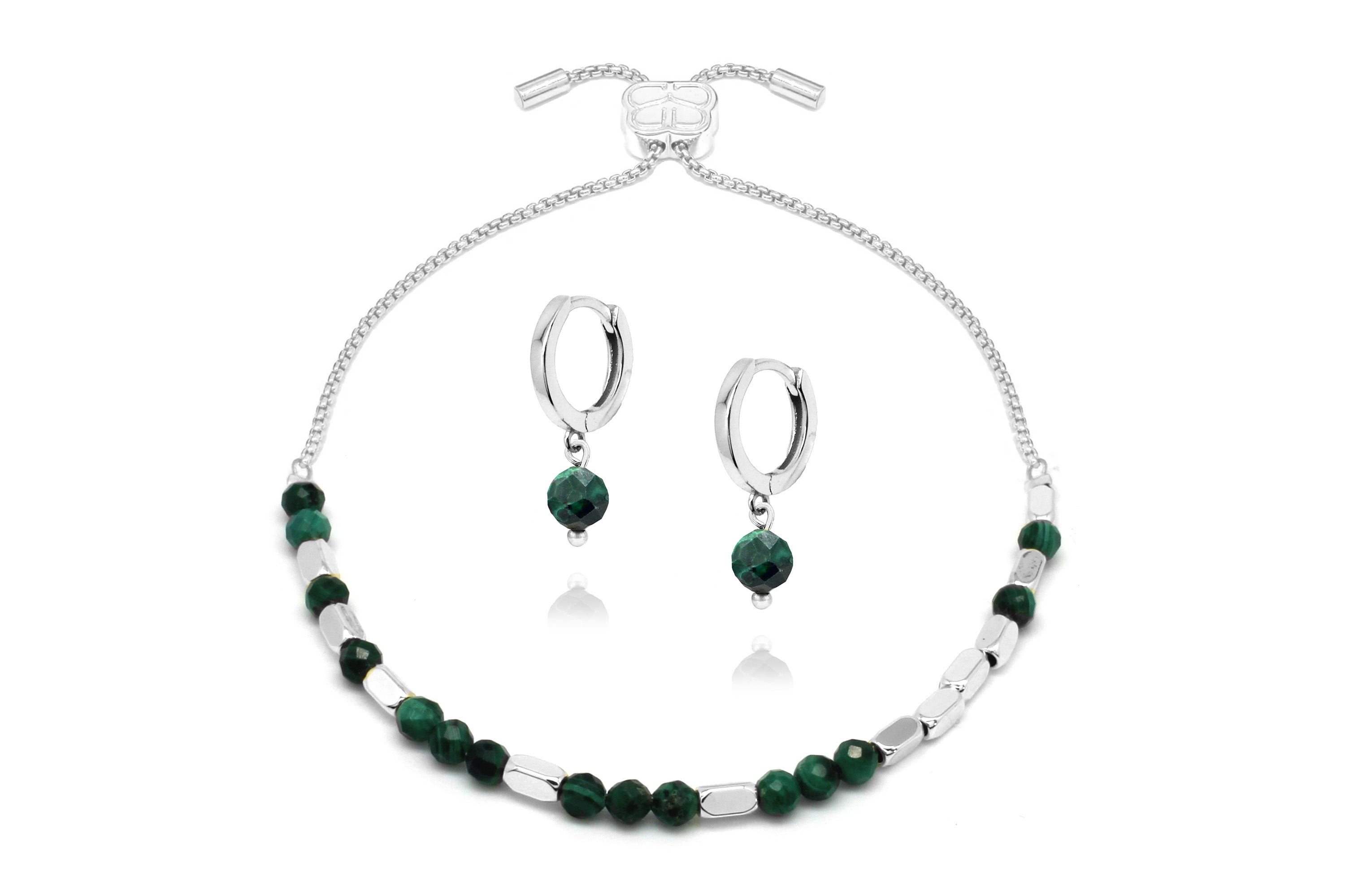 Morse Code Gemstone Silver Bracelet & Earring Set#color_Malachite