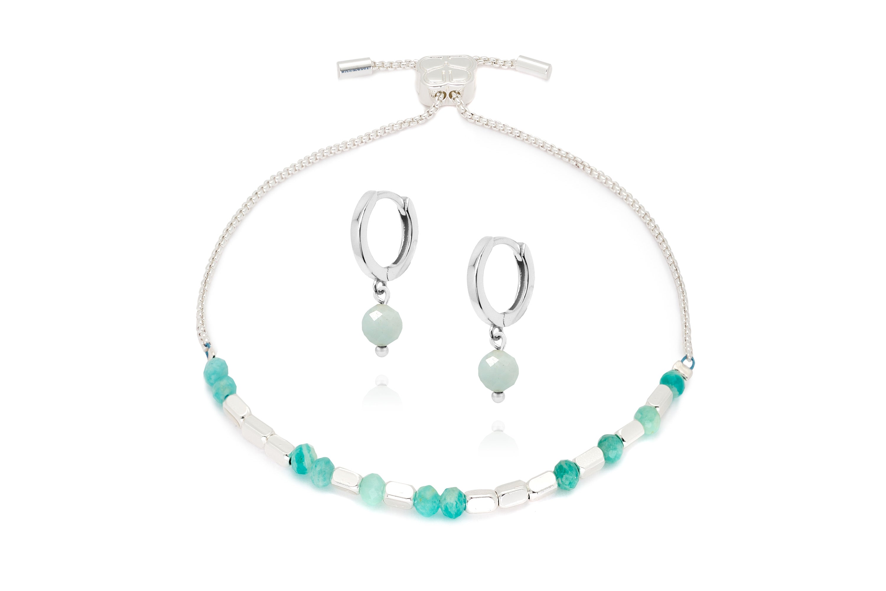 Morse Code Gemstone Silver Bracelet & Earring Set#color_Amazonite