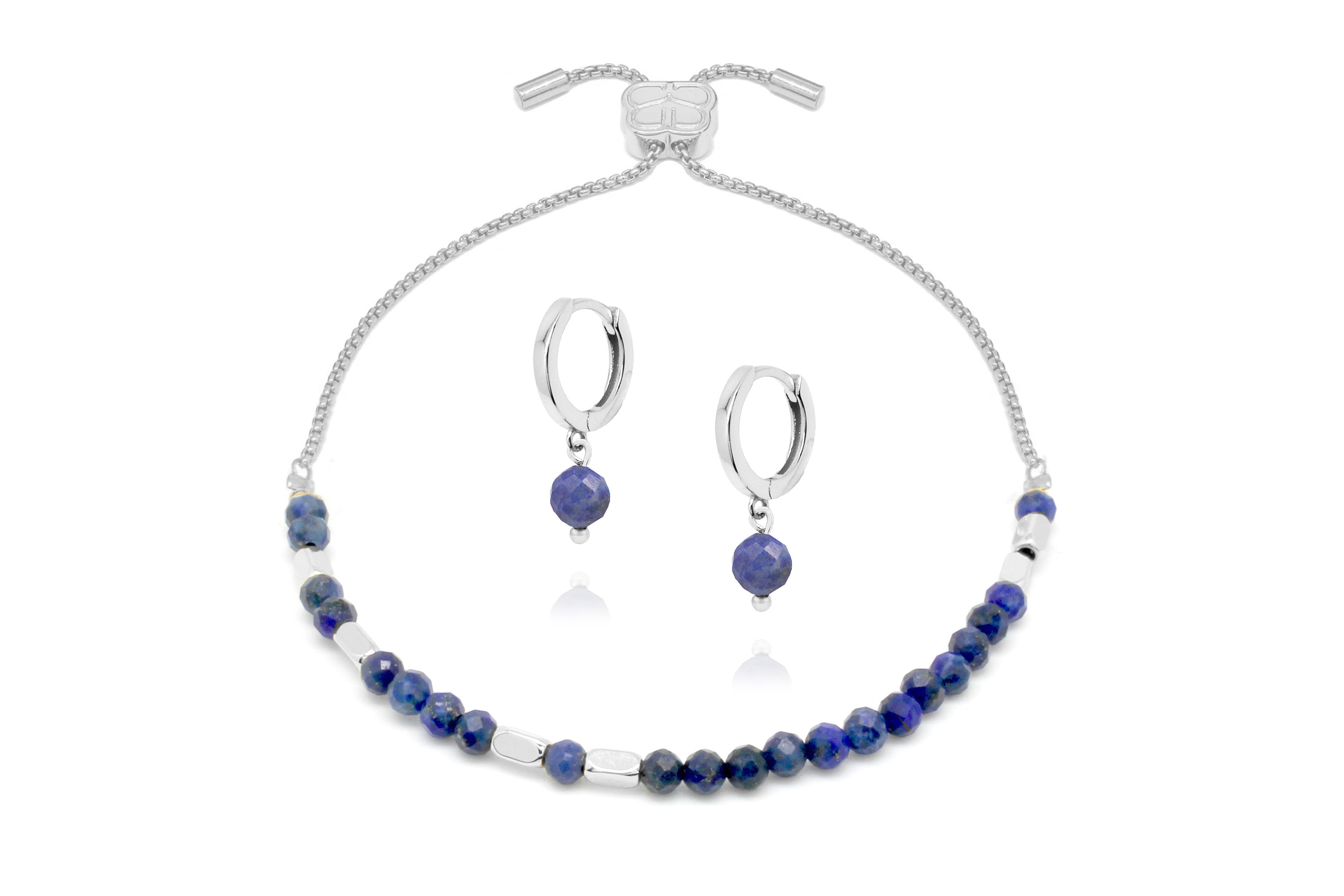 Morse Code Gemstone Silver Bracelet & Earring Set#color_Lapis Lazuli