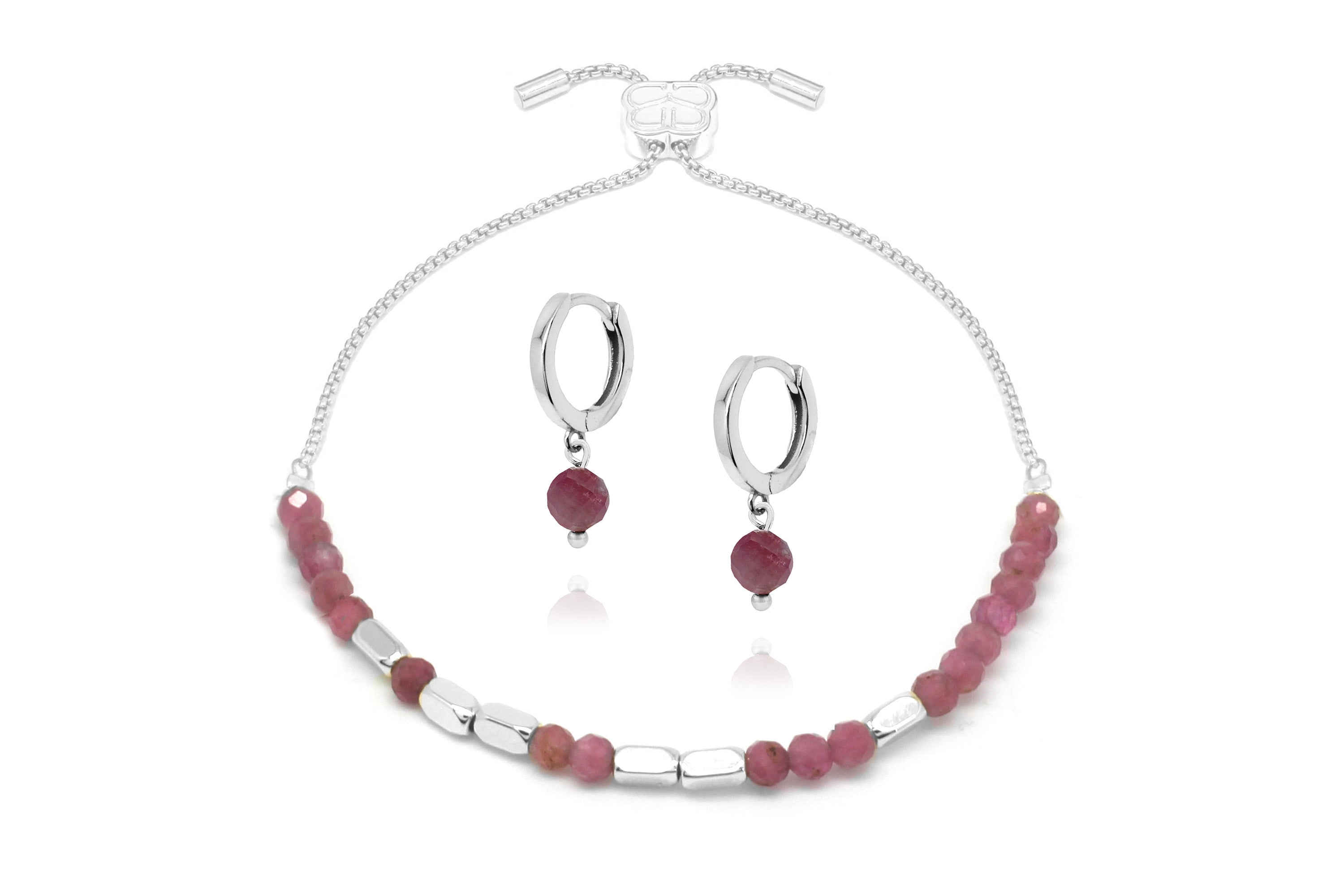 Morse Code Gemstone Silver Bracelet & Earring Set#color_Pink Tourmaline