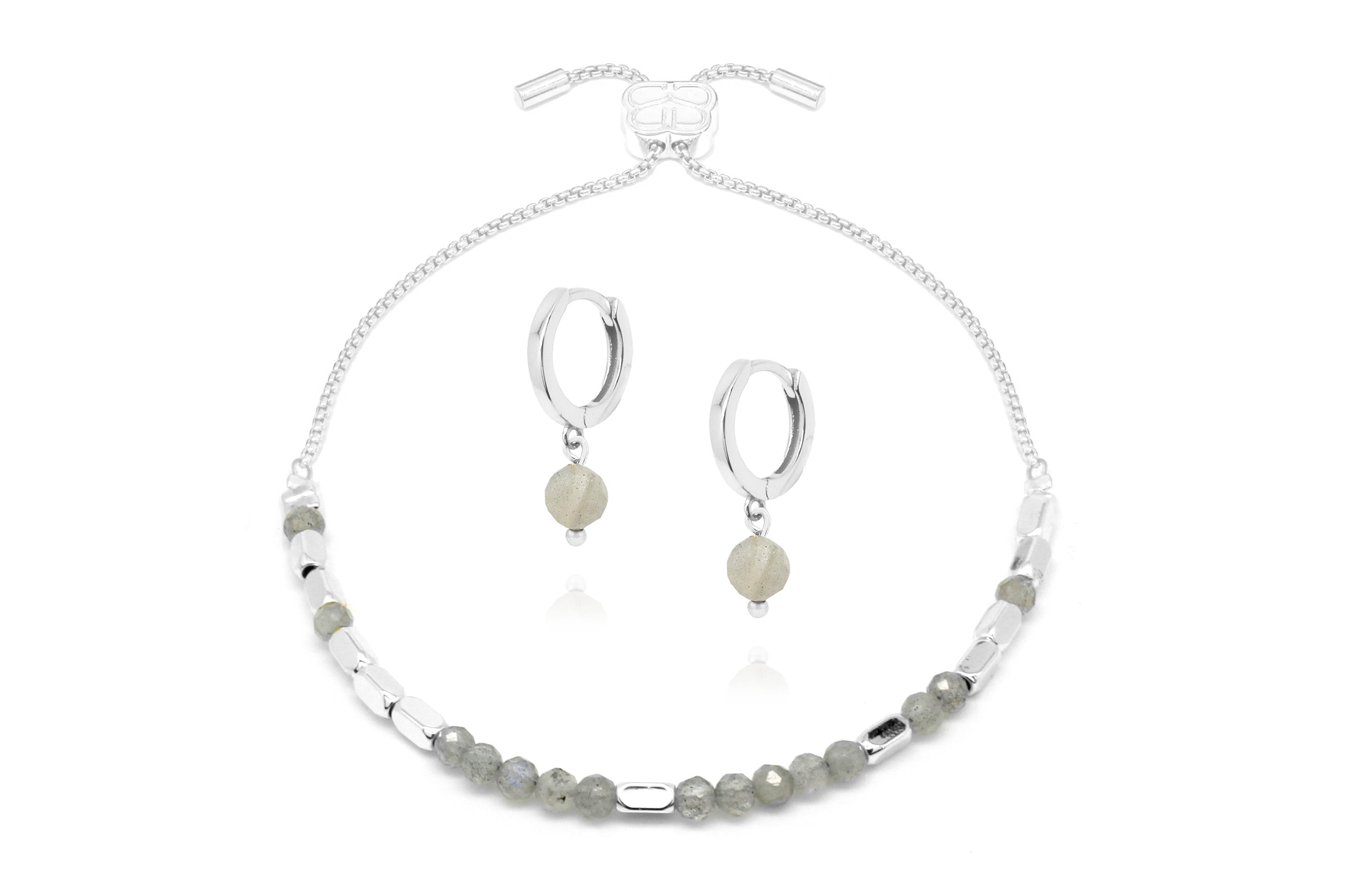 Morse Code Gemstone Silver Bracelet & Earring Gift Set