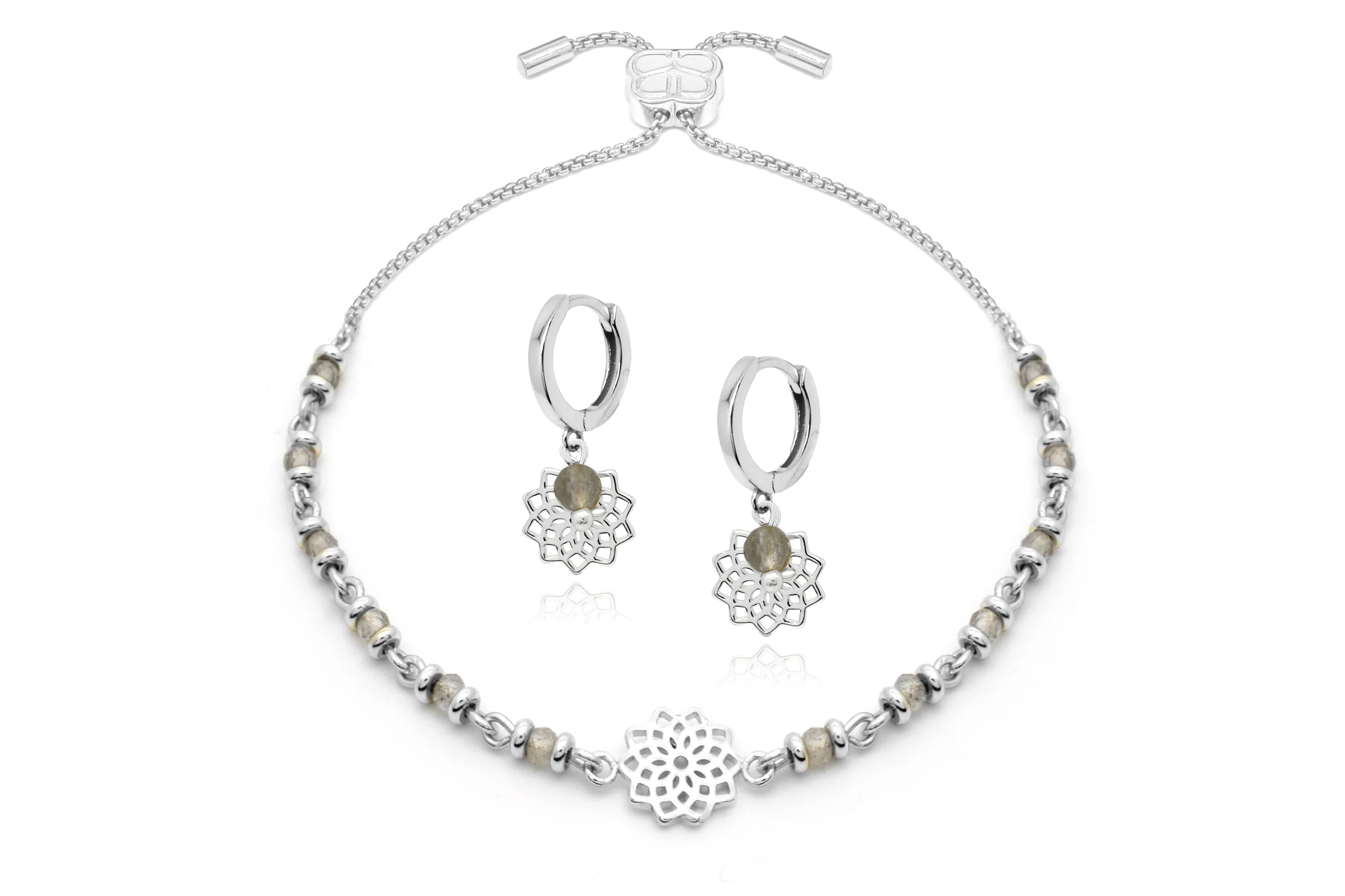 Chakra Crown Silver Bracelet Earring Set#color_Labradorite