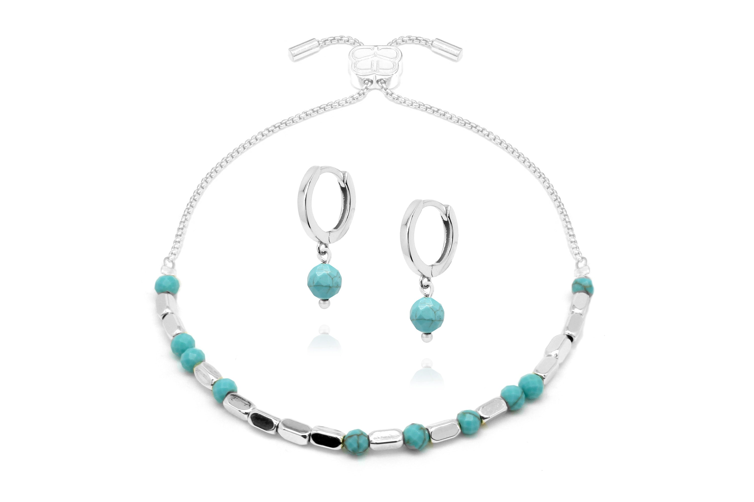 Morse Code Gemstone Silver Bracelet & Earring Set#color_Turquoise