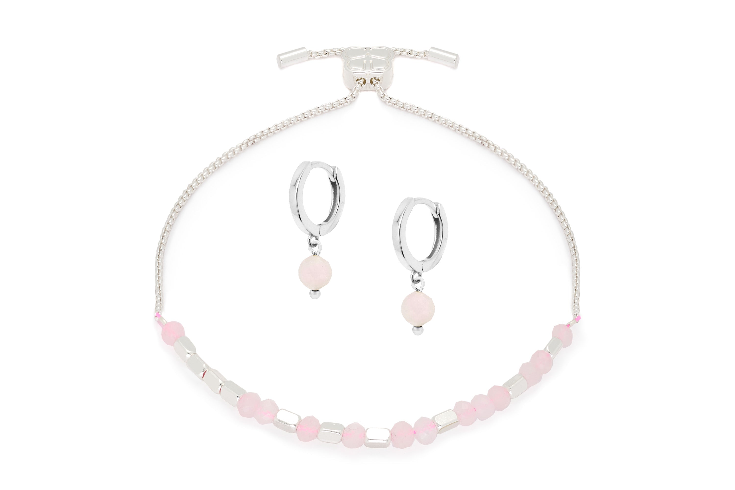 Morse Code Gemstone Silver Bracelet & Earring Set#color_Rose Quartz
