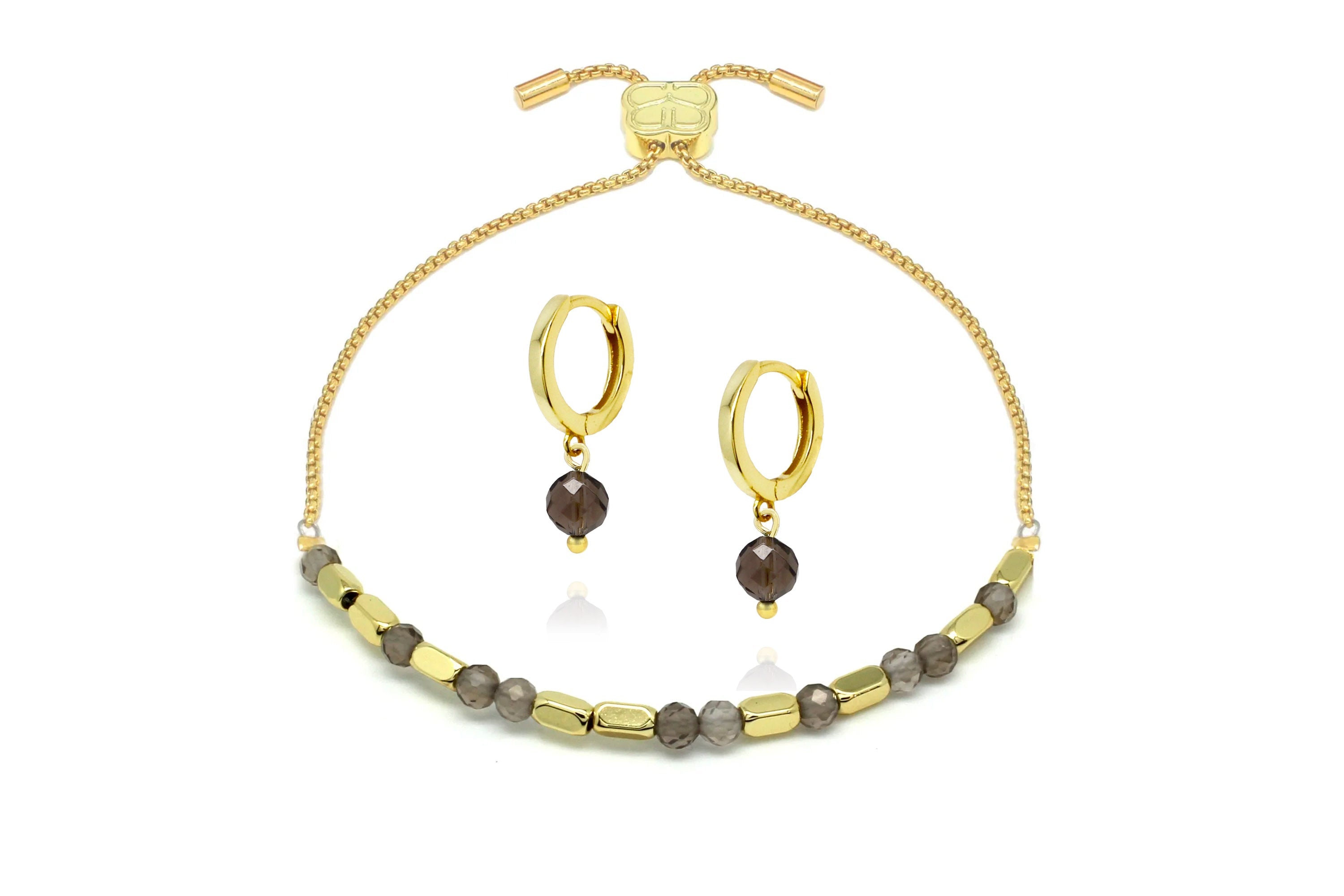 Gemstone Gold Bracelet & Earring Gift Set#color_Smokey Quartz