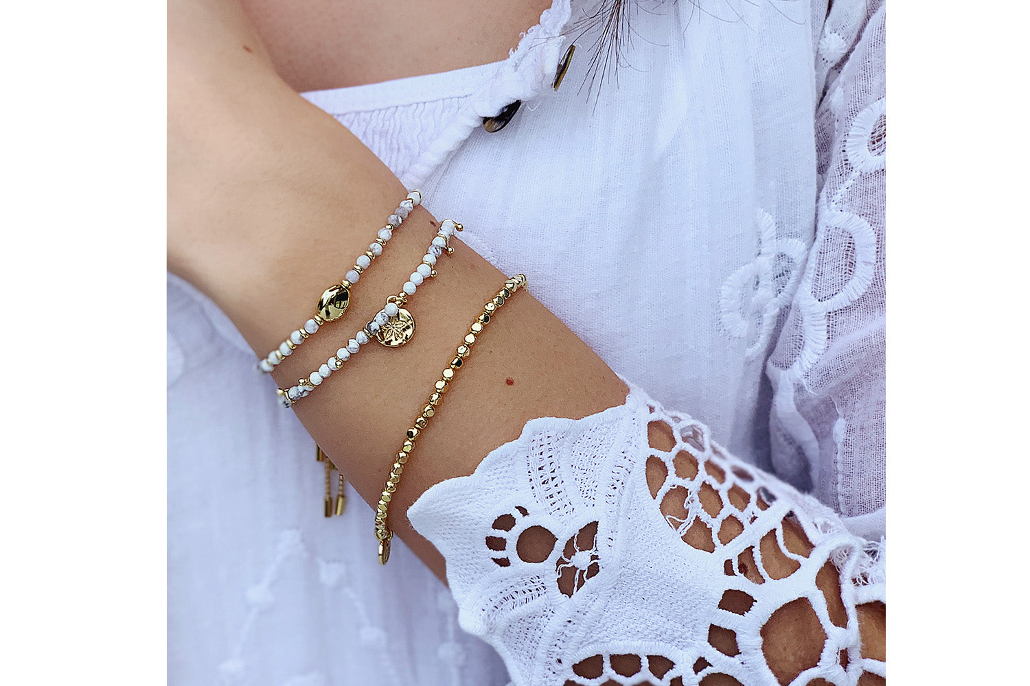 Tirana 3 White and Gold Layered Bracelet Stack - Boho Betty