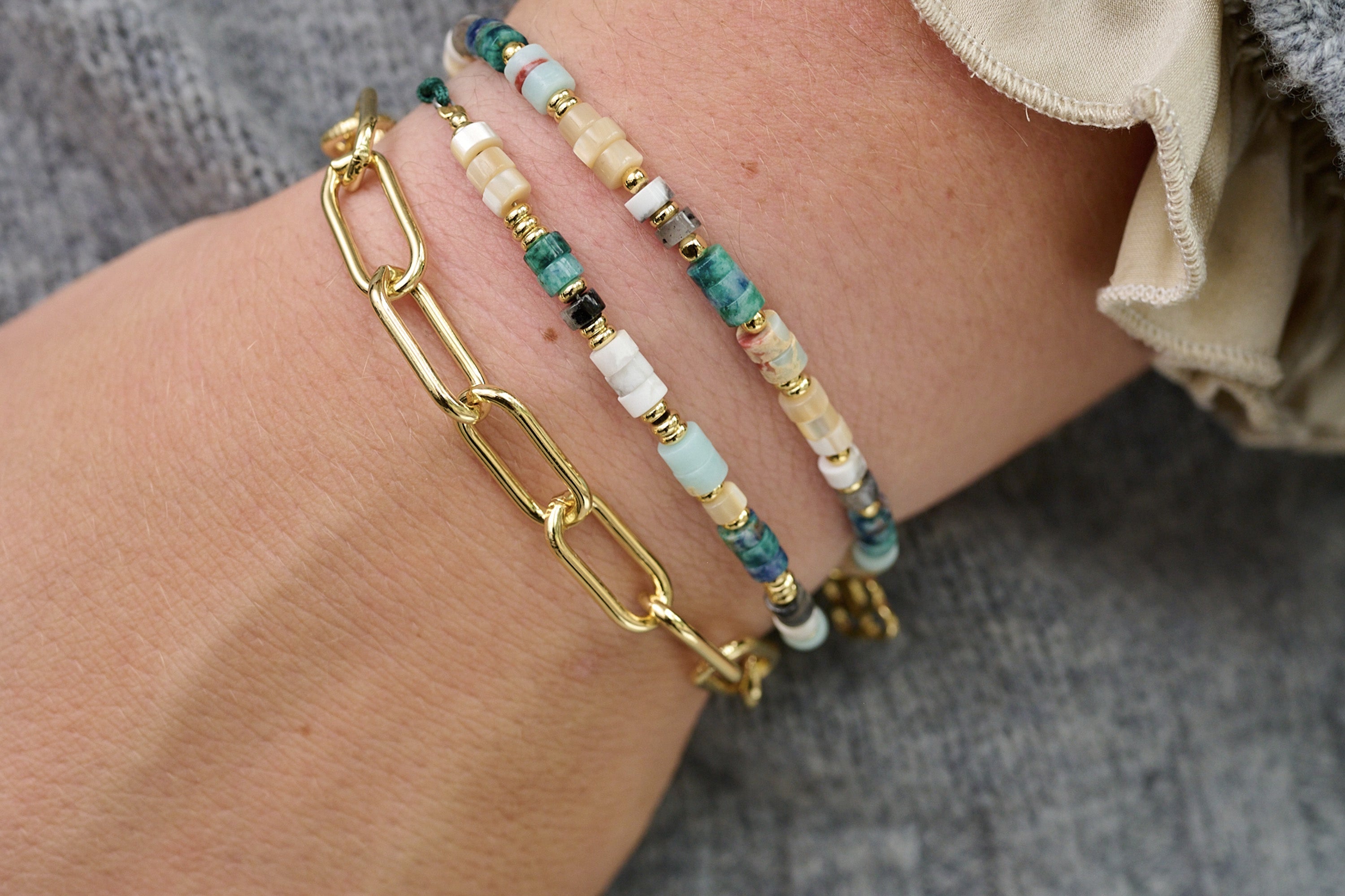 Camel 3 Layer Gemstone Bracelet Stack